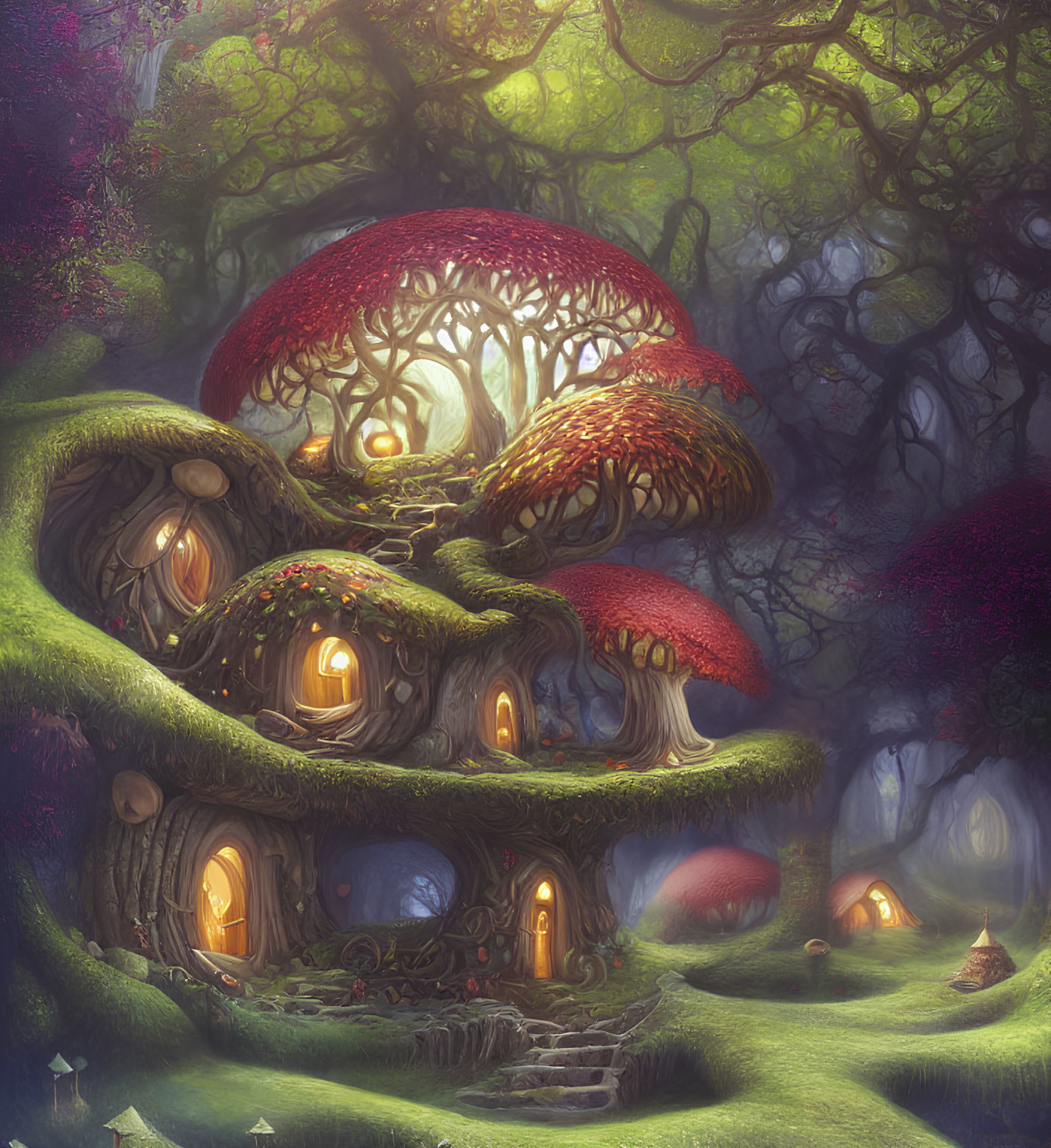 Enchanting fairy-tale treehouse with mushroom roofs in lush forest