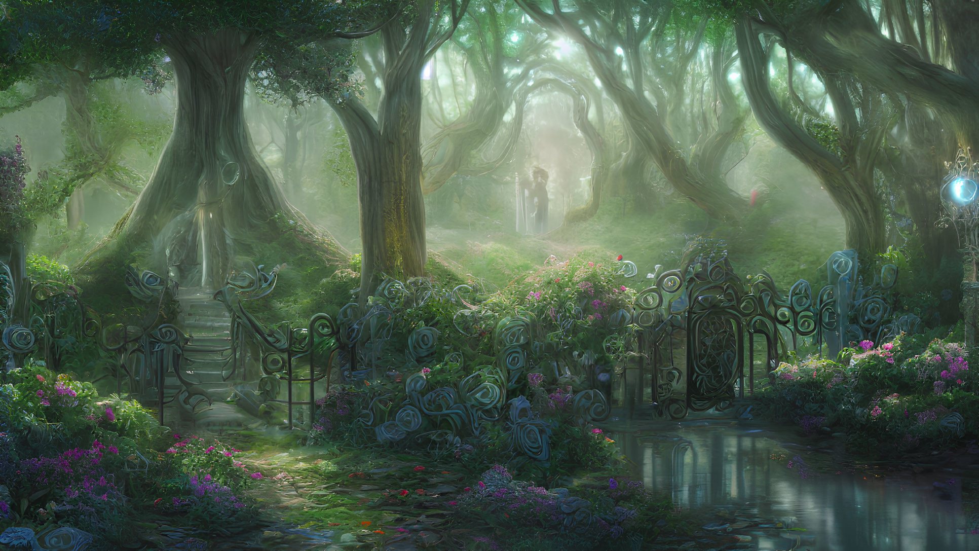 Mystic forest scene with ancient trees, floral gate, soft light, and tranquil pond