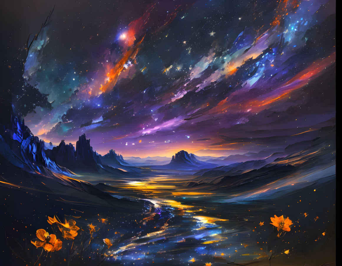 Night Sky Digital Artwork: Stars, Nebulae, and Mountains Reflecting in River