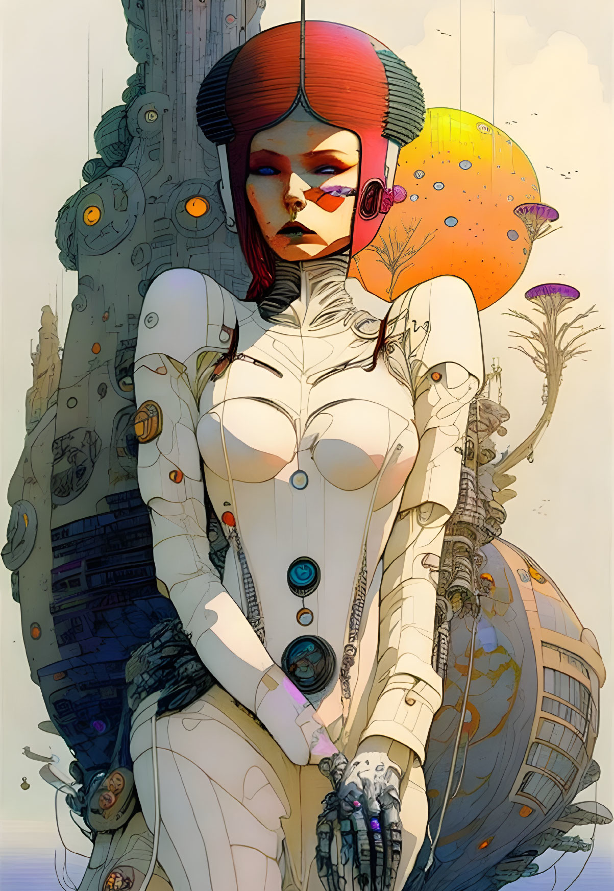 Futuristic female android with red hair and headphones in surreal machinery setting