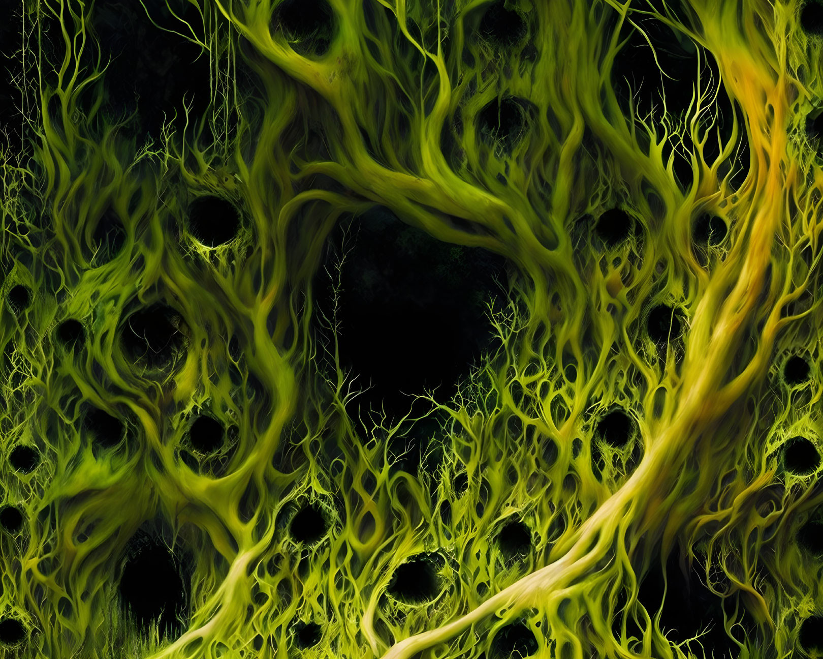 Abstract yellow-green branching structures on dark background.