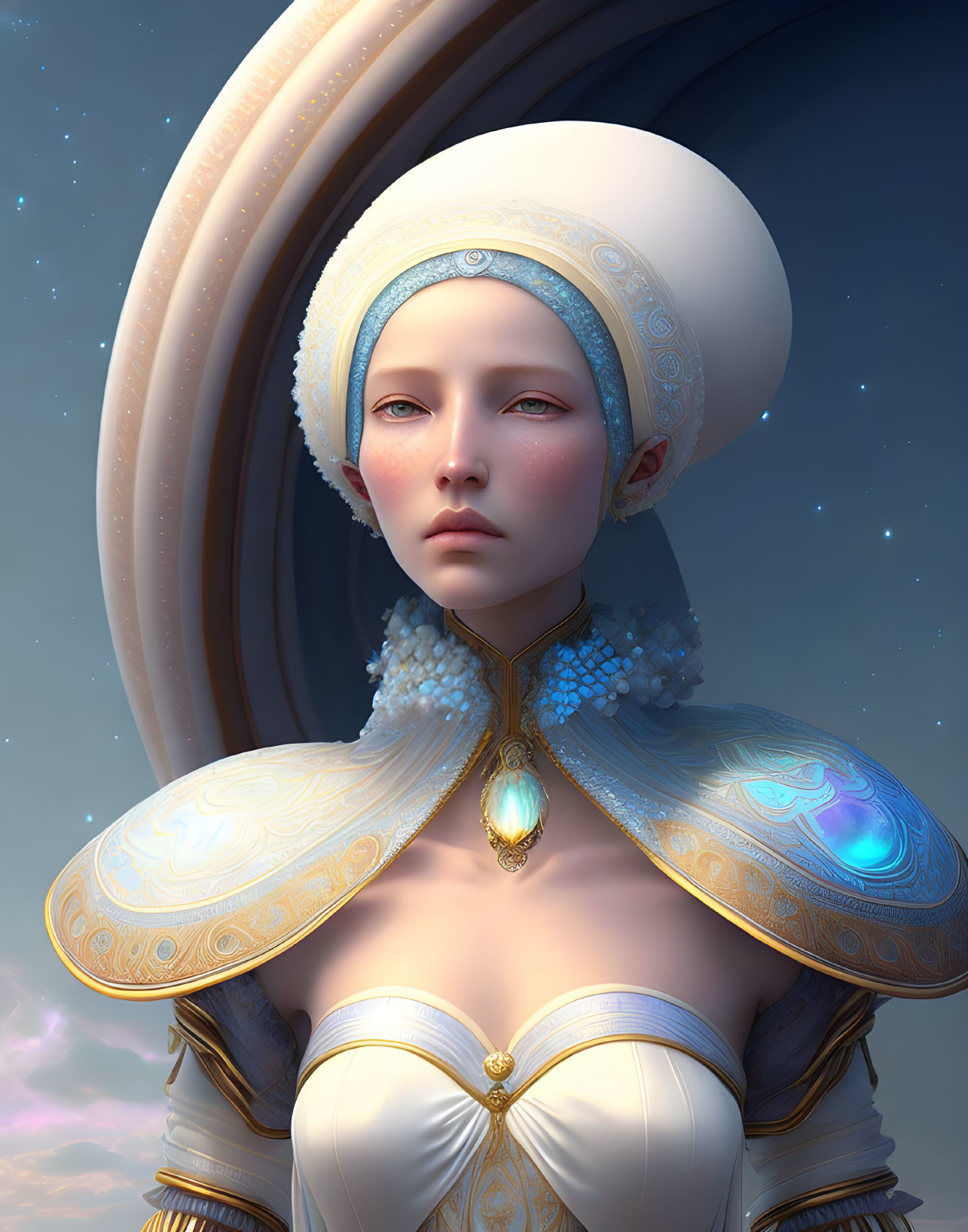 Digital artwork: Woman in white and gold outfit with futuristic headdress against sky.