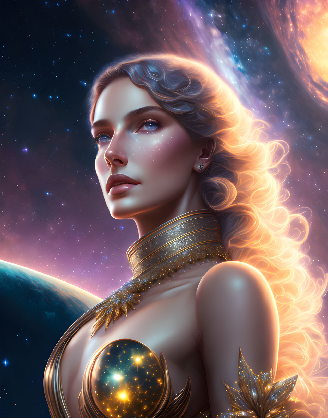 Celestial-themed digital artwork featuring a woman with golden accessories