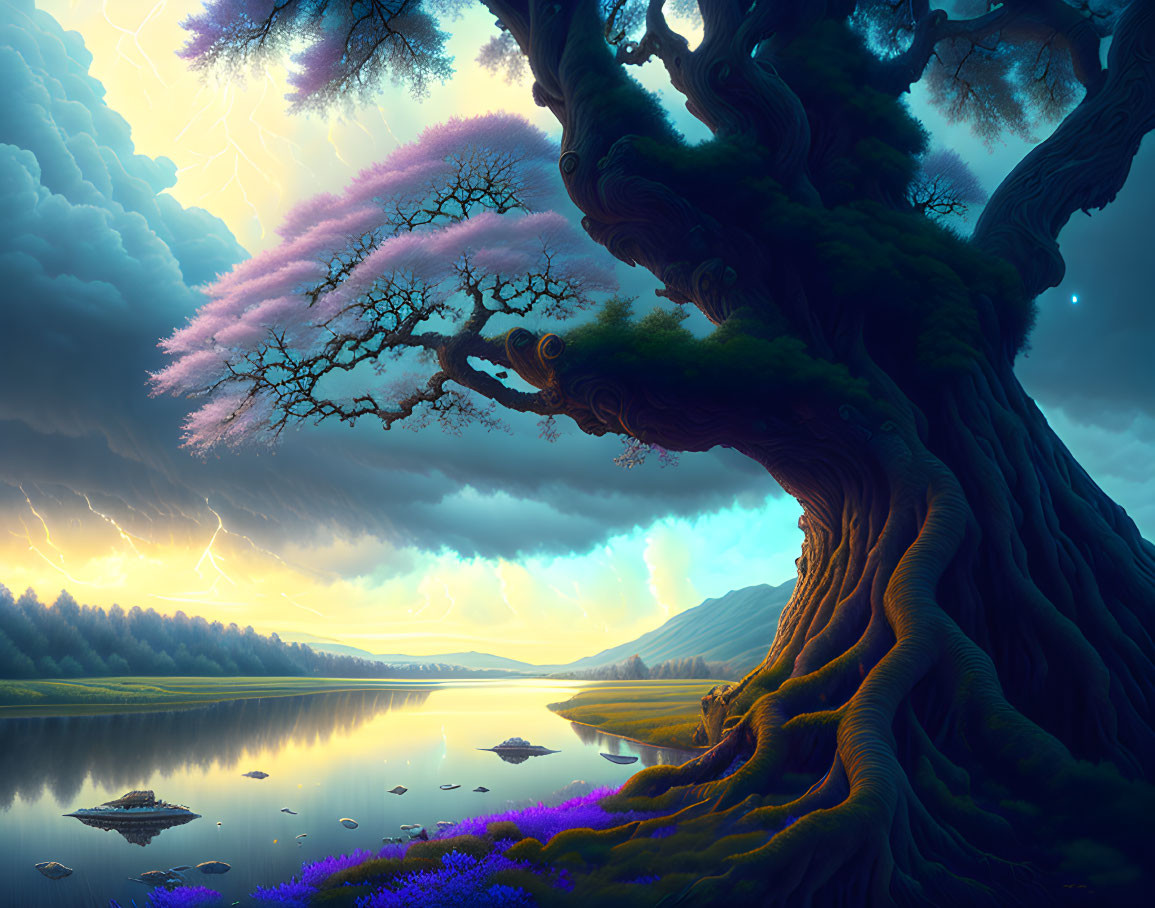 Mystical landscape with twisted tree, pink foliage, calm river, and dramatic sky with lightning bolts