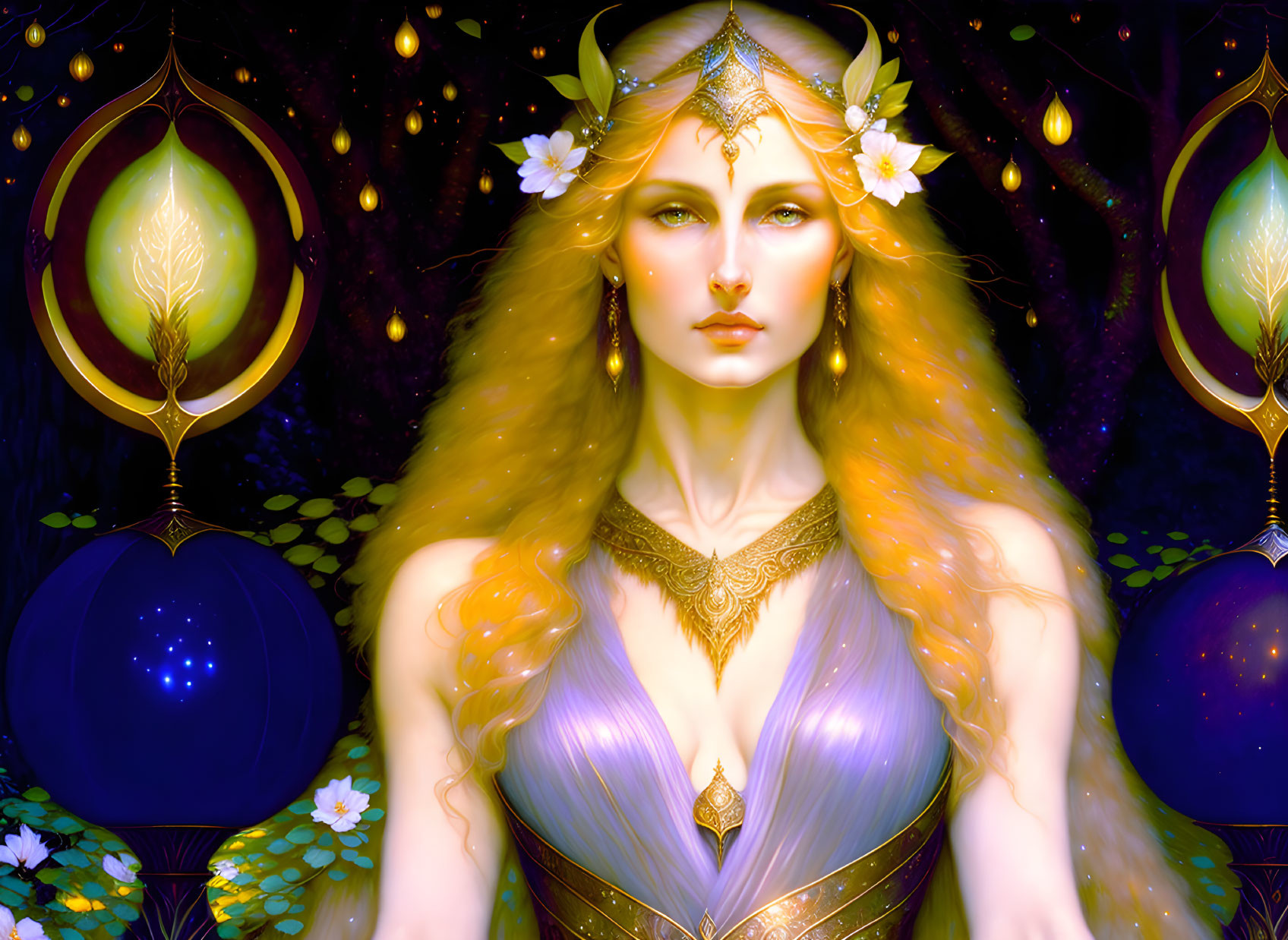 Majestic fantasy woman with golden hair in ethereal attire, surrounded by orbs and flowers in mystical