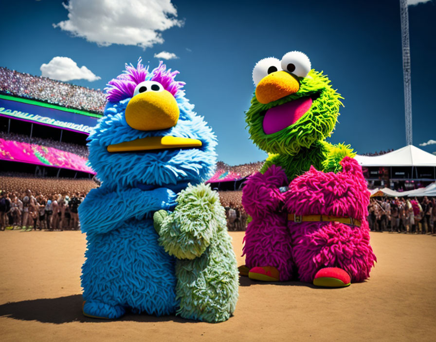 Colorful fluffy characters in sunny day with stadium background