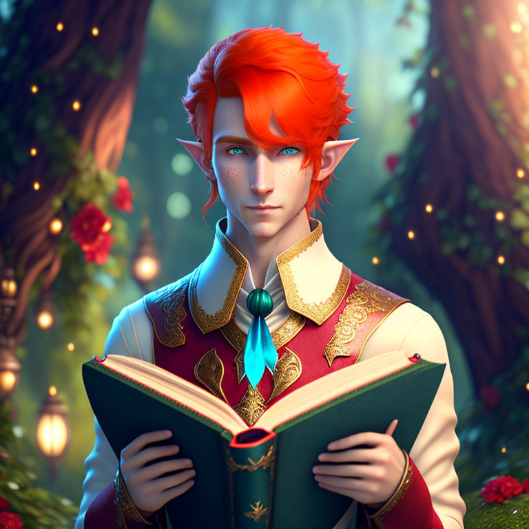 Red-haired elf reading book in magical forest with sunlight.