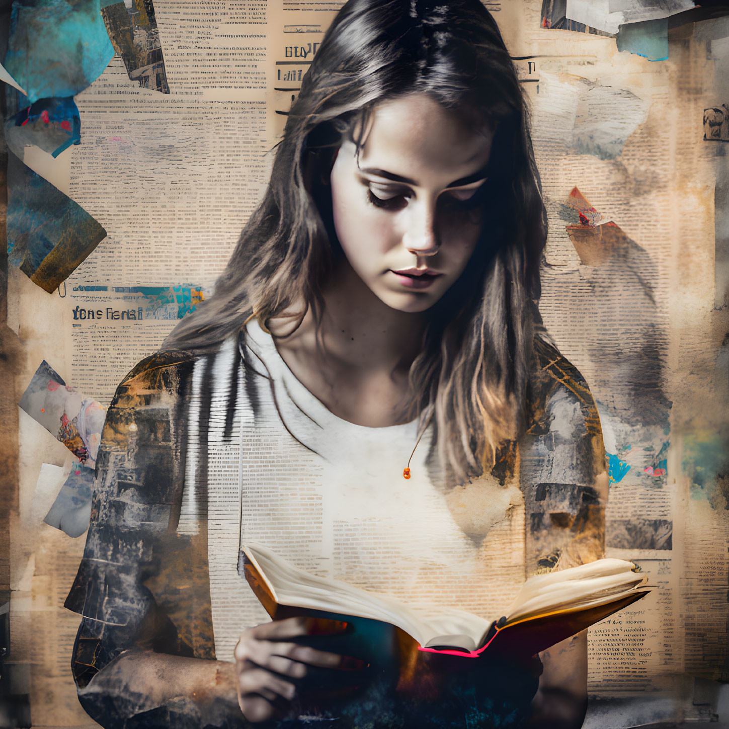 Young woman reading book surrounded by collage art