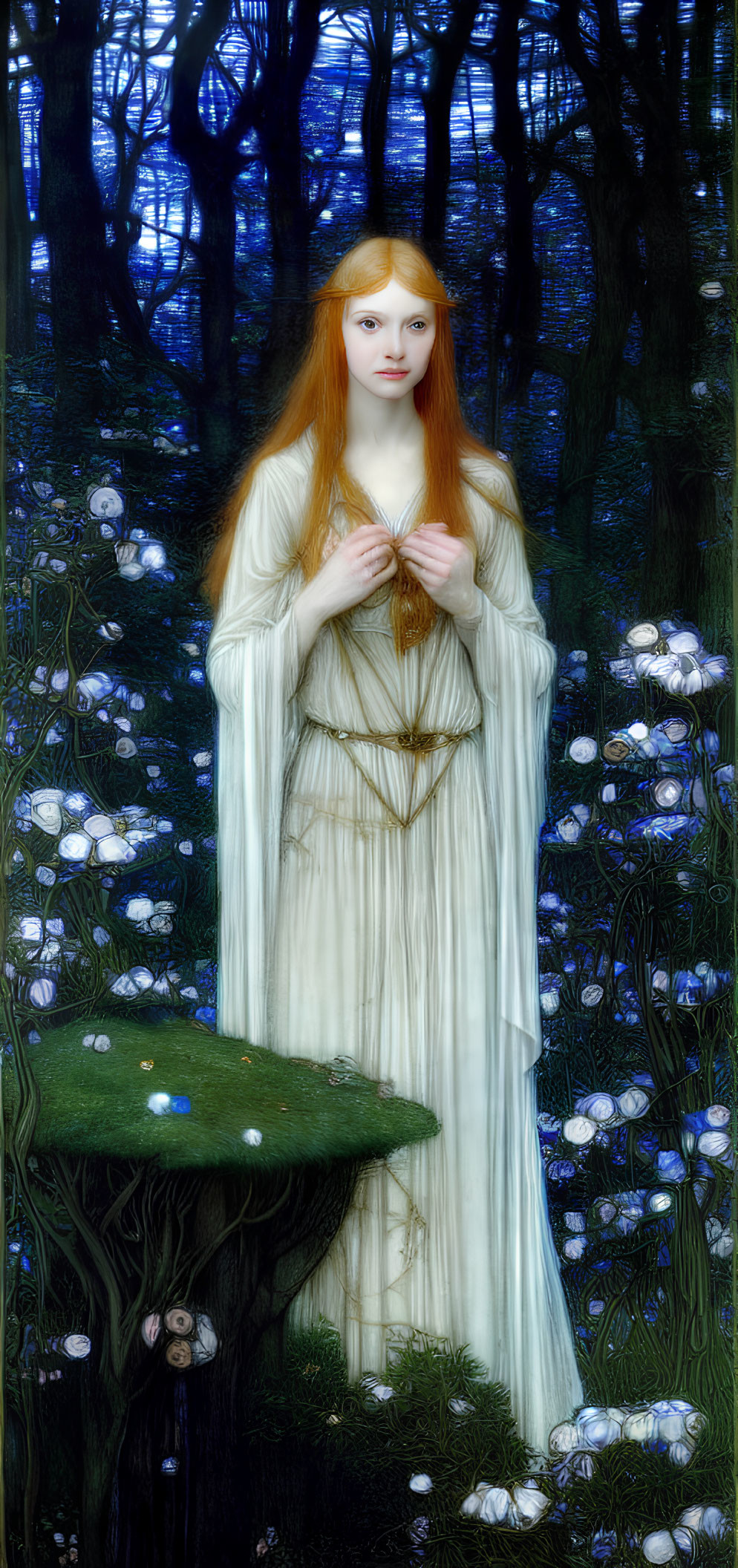 Red-haired woman in white gown in mystical forest with white flowers and moss-covered table