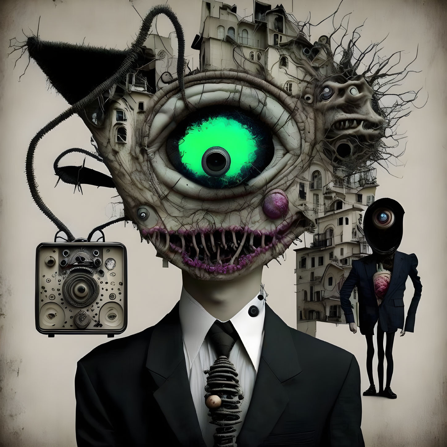 Surreal Artwork: Figure with Multi-Eyed Mask & Glowing Eye Holding Radio