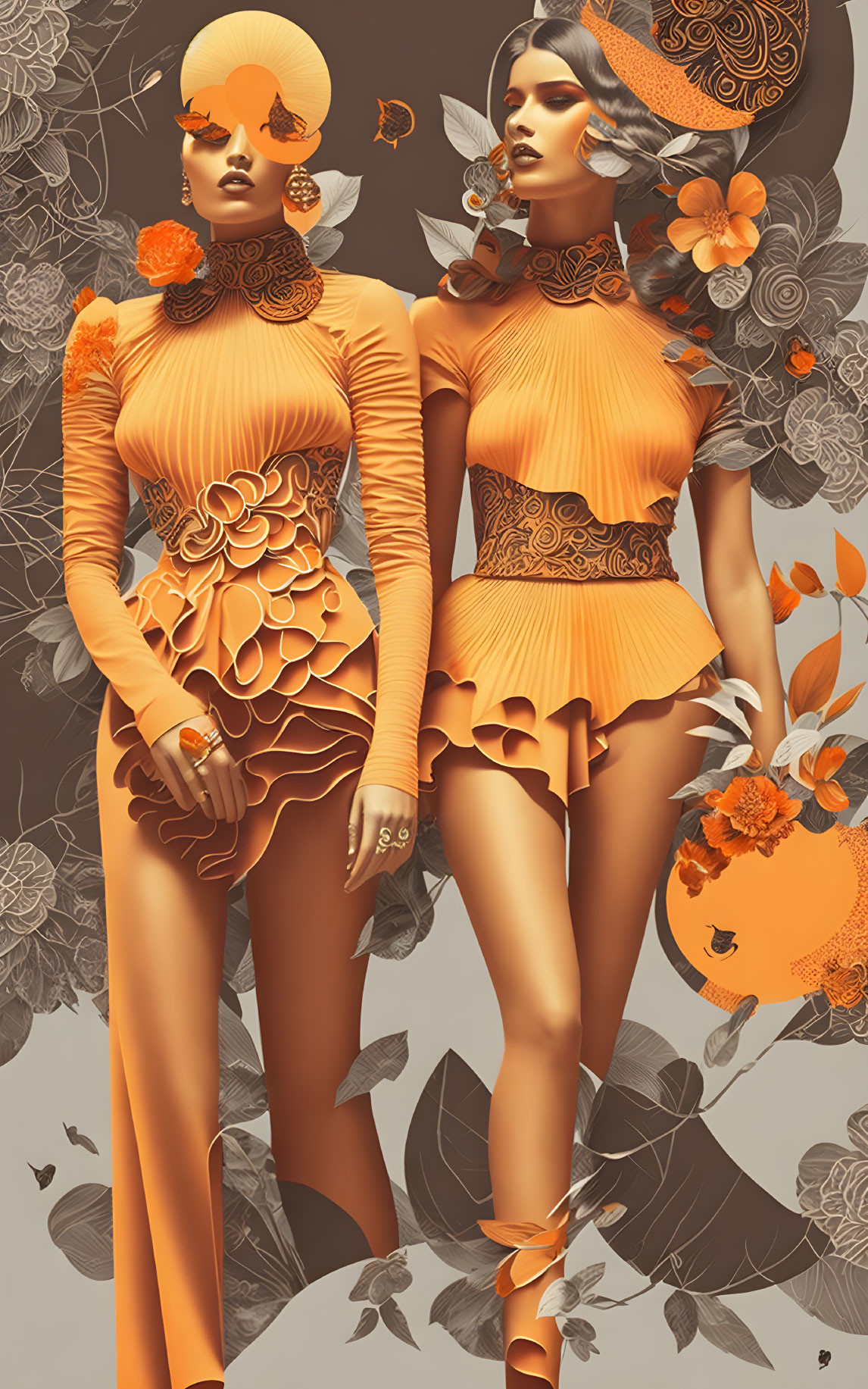 Stylized female figures in ornate orange outfits on gray patterned background