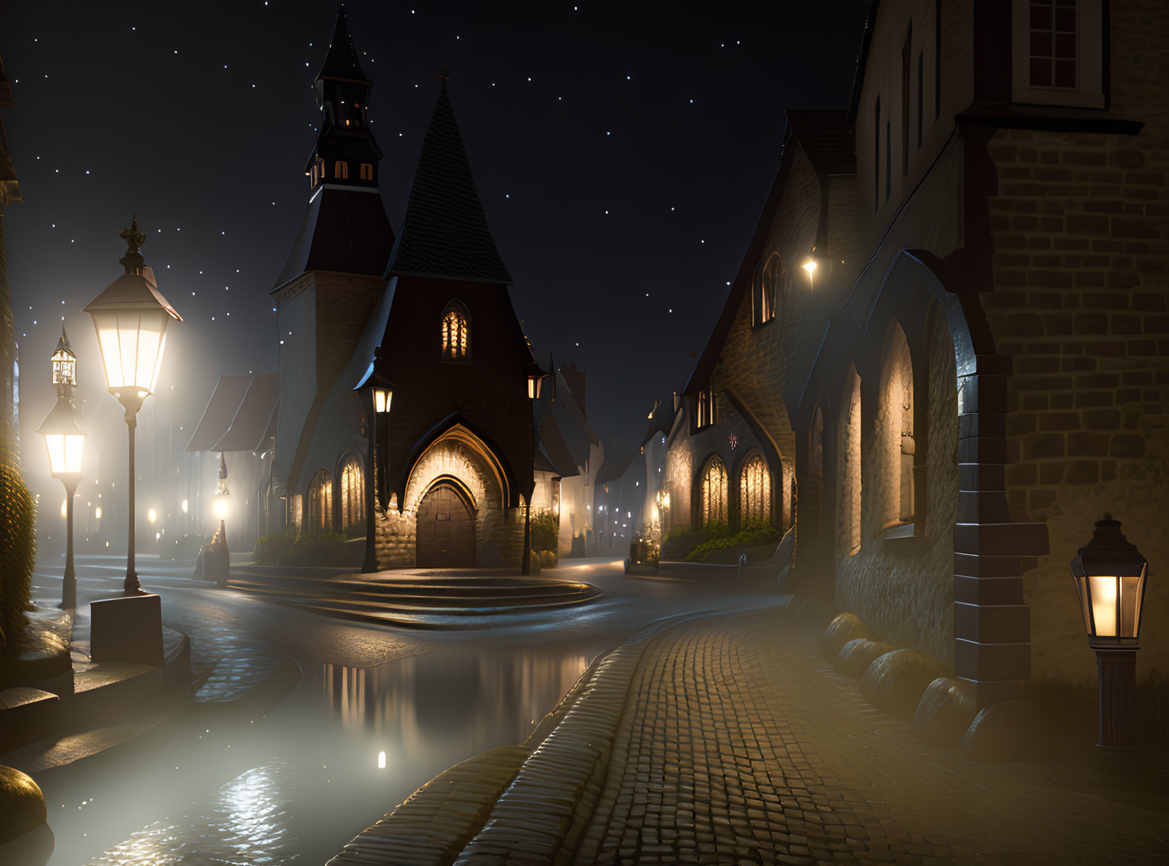 Cobblestone Street at Night with Glowing Lamps and Old Church