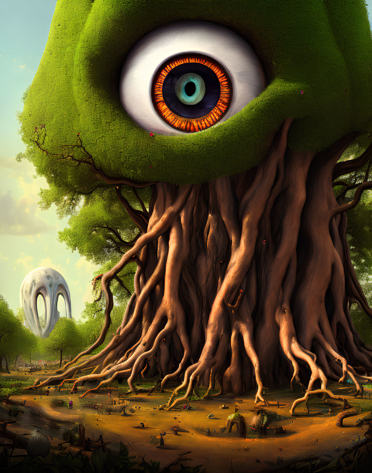 Surreal landscape with giant eye in tree, forest, tiny figures, whimsical architecture