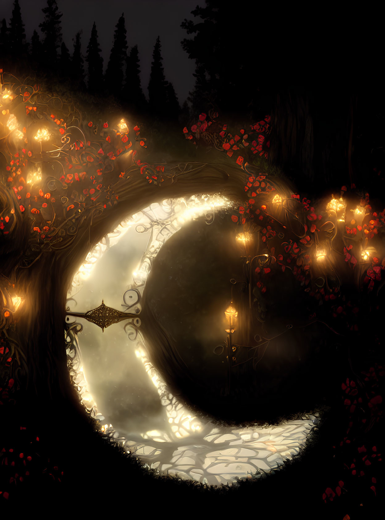 Moonlit forest path with glowing flowers and lanterns: enchanting nighttime scene