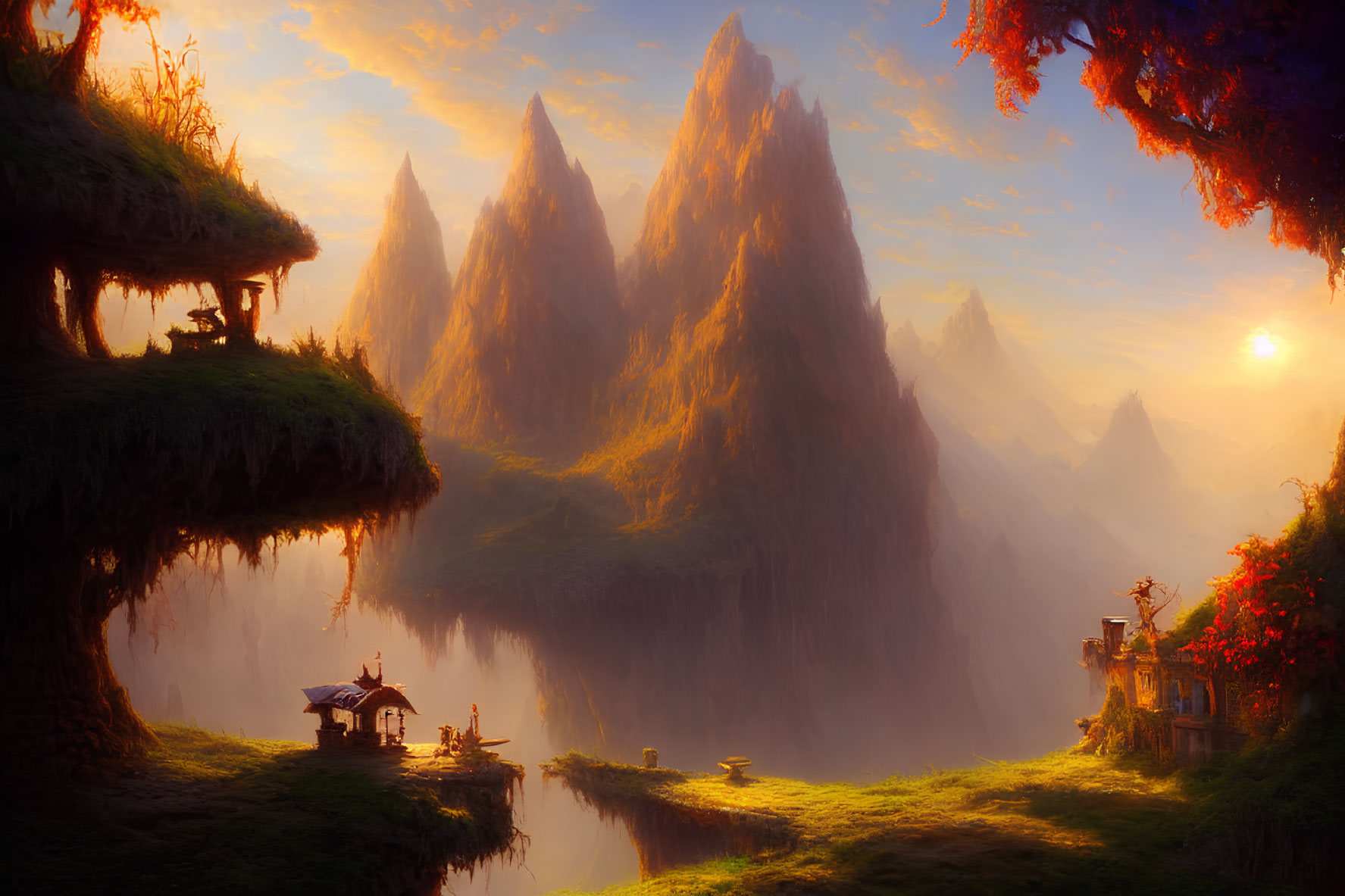 Fantasy landscape: Sunset mountains, river, pagodas & foliage