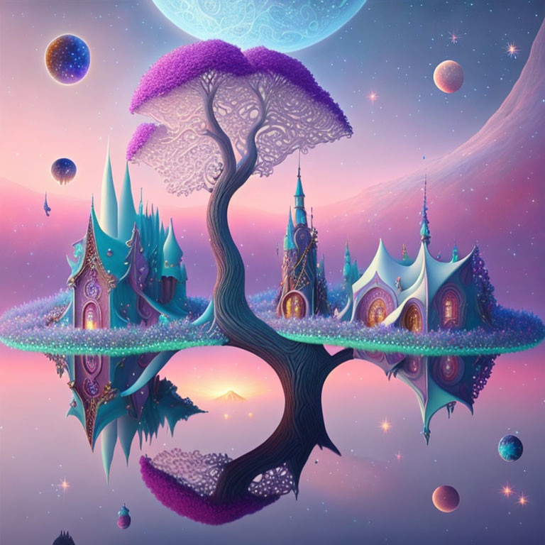 Colorful whimsical artwork of a fantasy tree with purple foliage and castles against a cosmic backdrop