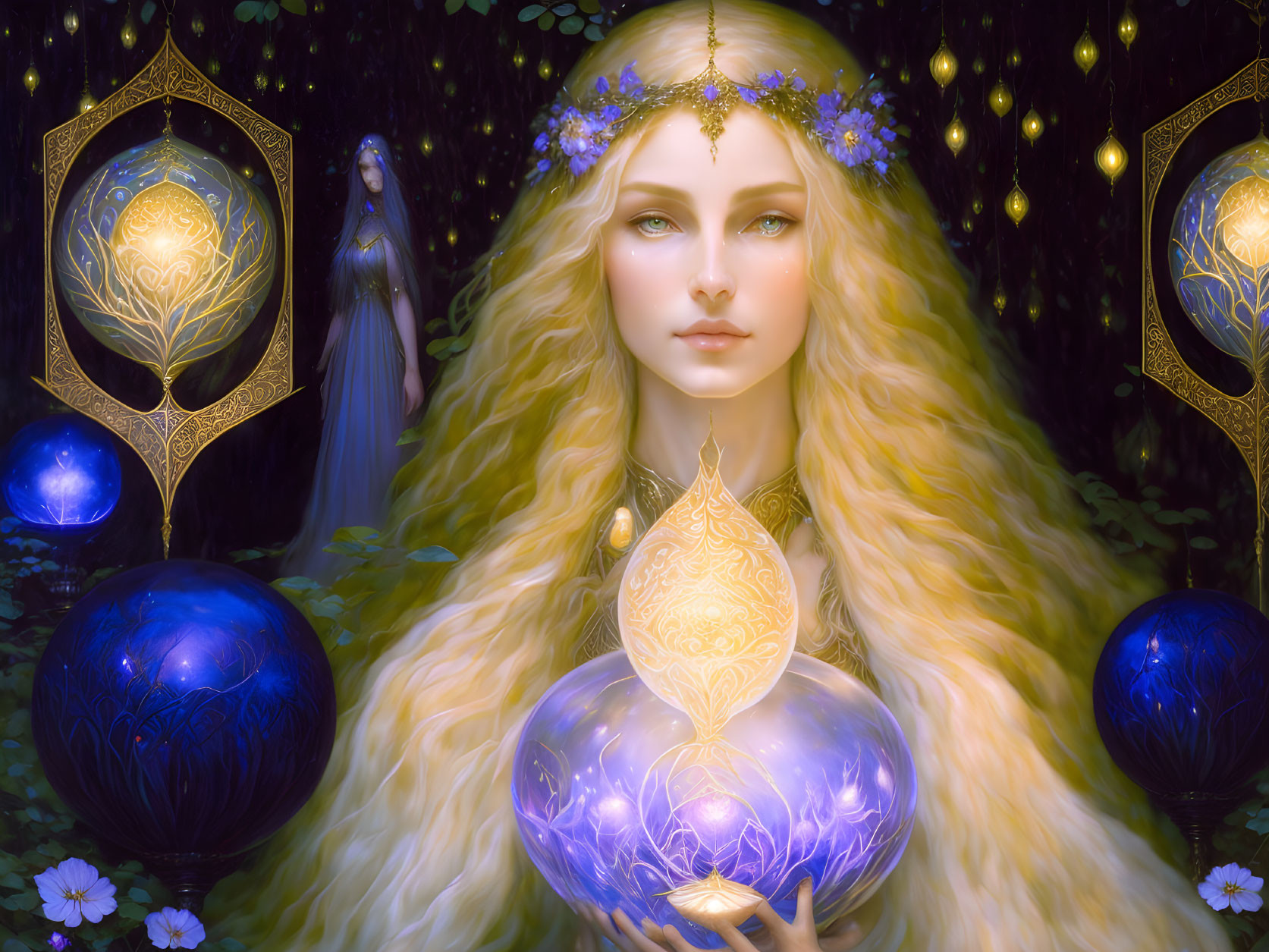 Mystical artwork of fair-haired woman with glowing orb & illuminated spheres