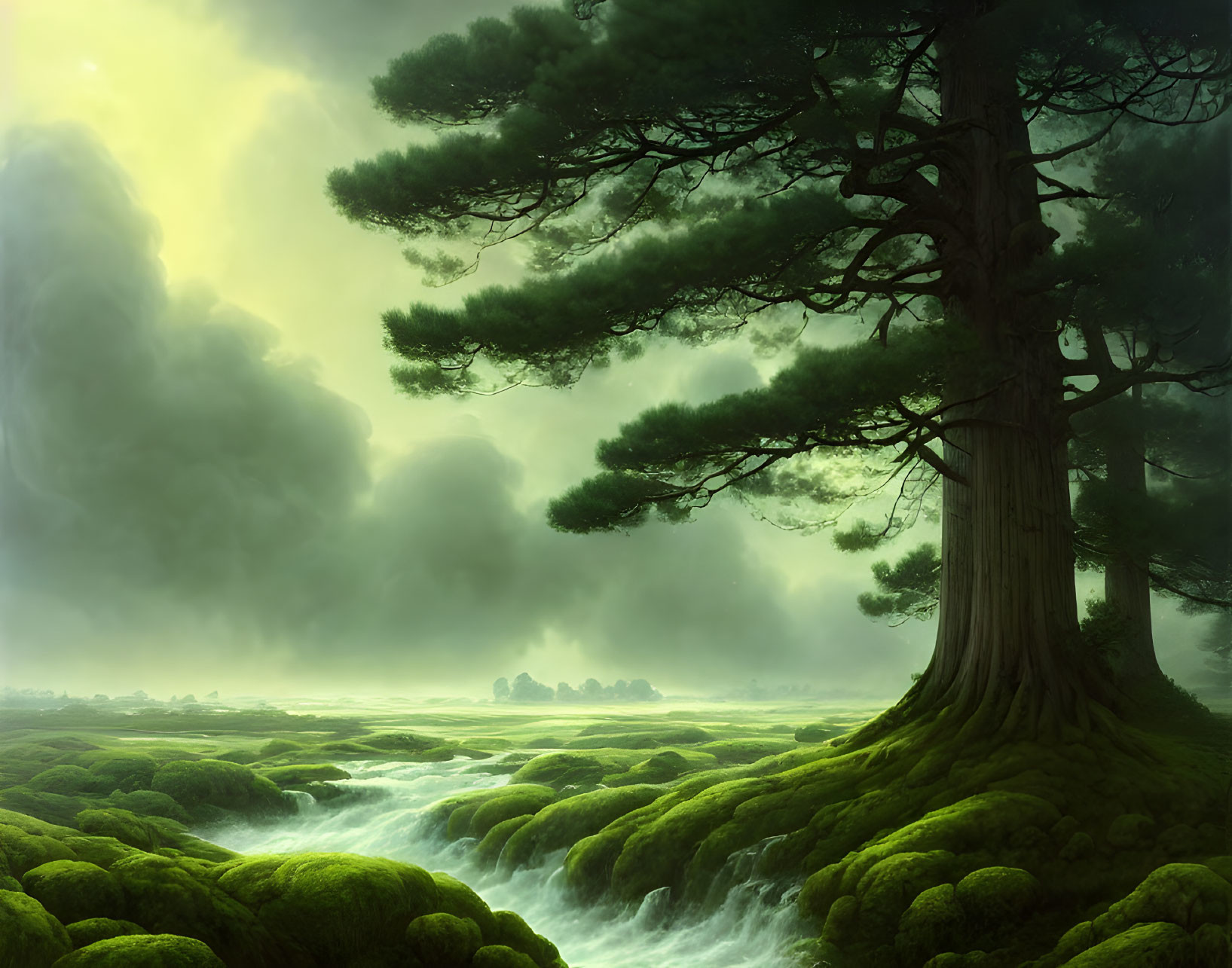 Majestic tree in enchanting forest with river, moss, and mist