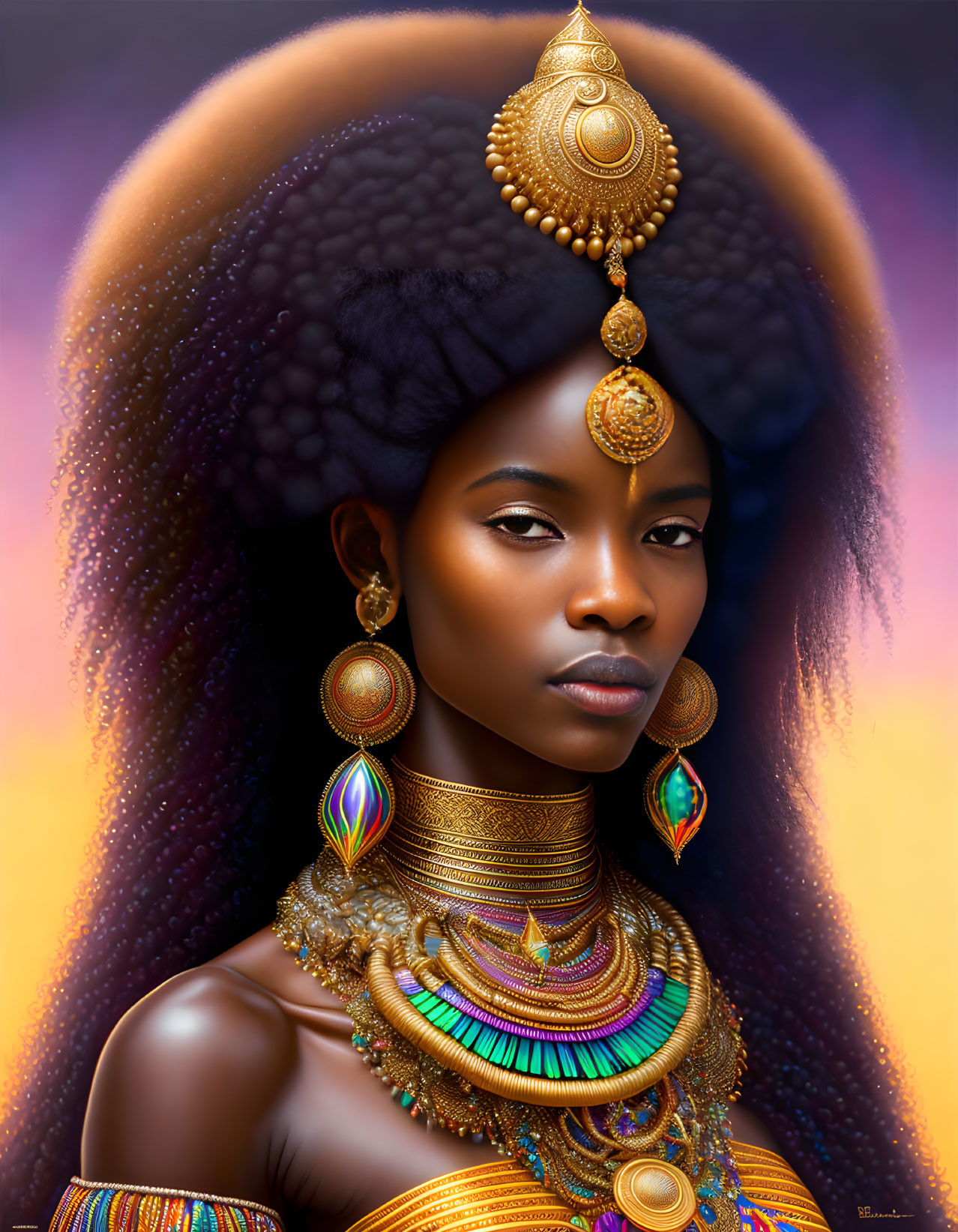 Colorful Necklace and Gold Jewelry on Woman in Digital Portrait