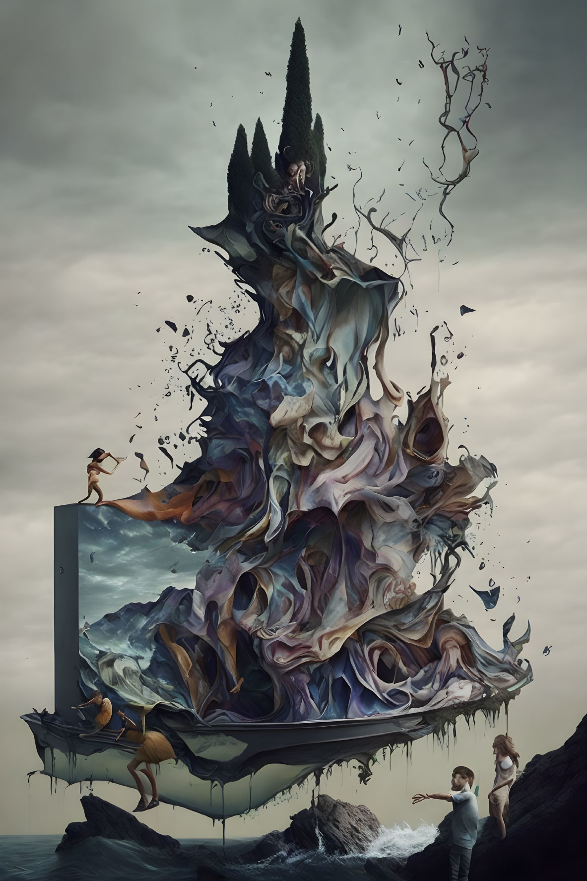 Surrealist artwork: Twisted structure with figures, onlookers, stormy seascape