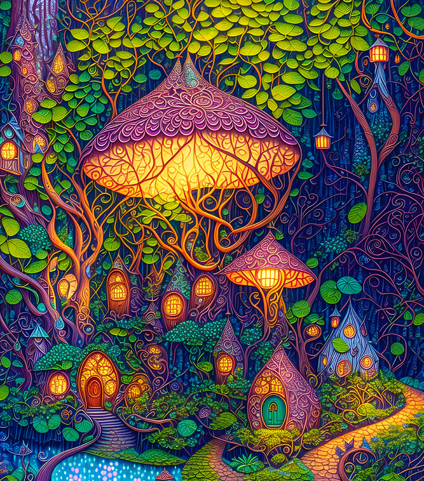 Fantastical forest scene with whimsical mushroom houses