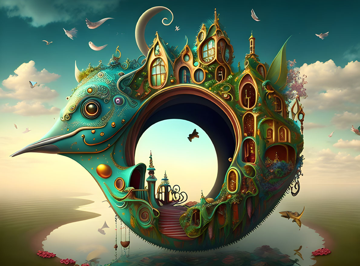 Surreal bird-like structure with buildings, fish, and serene sky