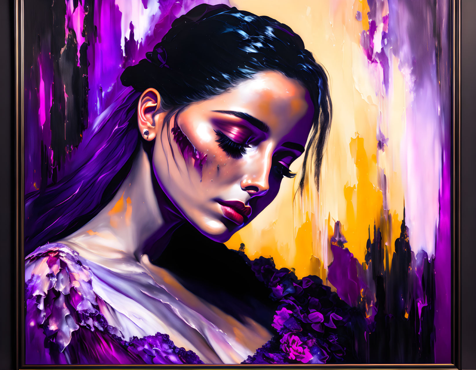 Detailed digital painting: Woman with purple and golden hues, intricate makeup, contemplative expression.