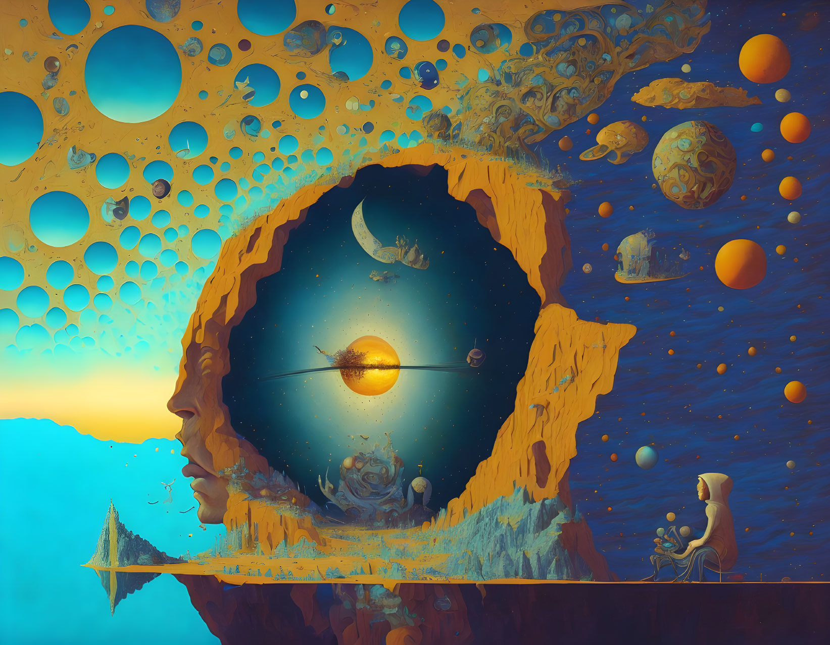 Surreal cosmic landscape with human profile, floating spheres, planets, and figure on cliff