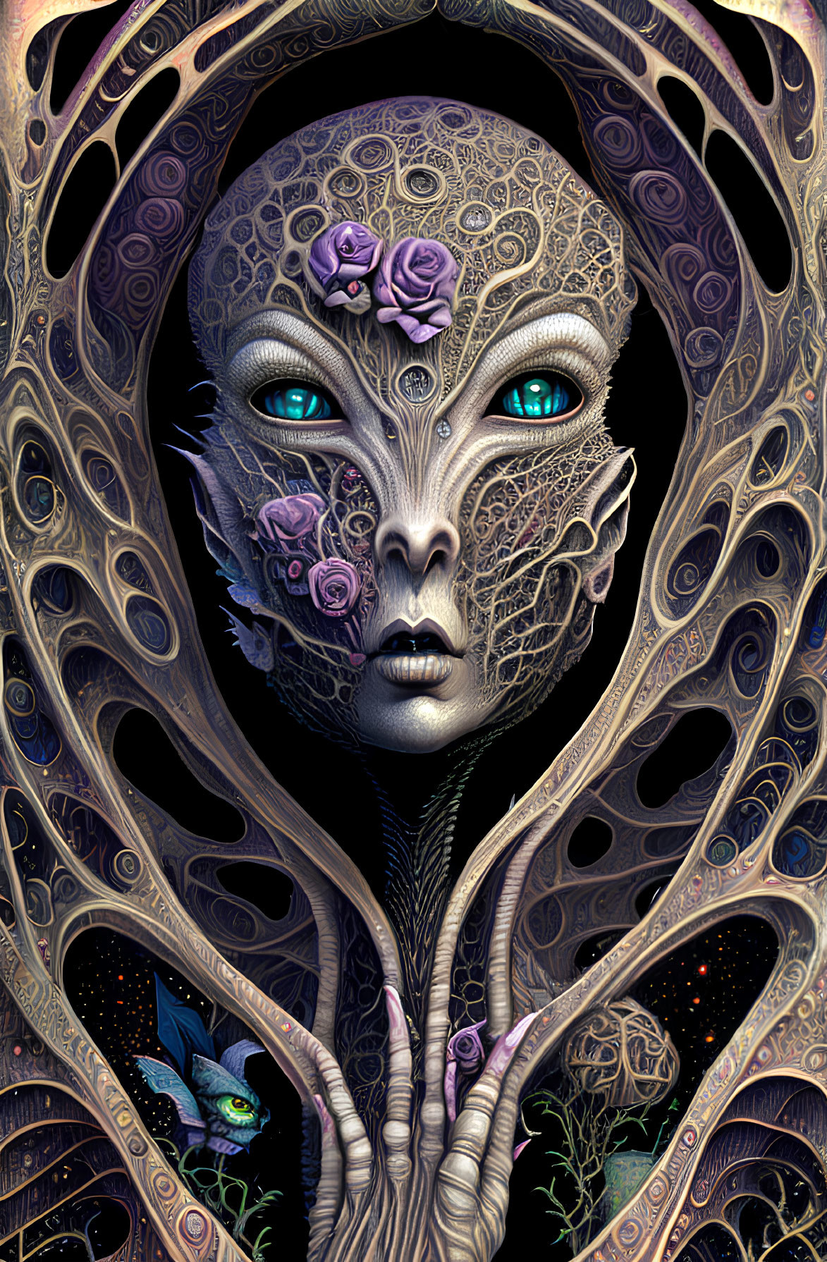 Surreal Artwork: Feminine Entity with Floral Face and Root-like Frame