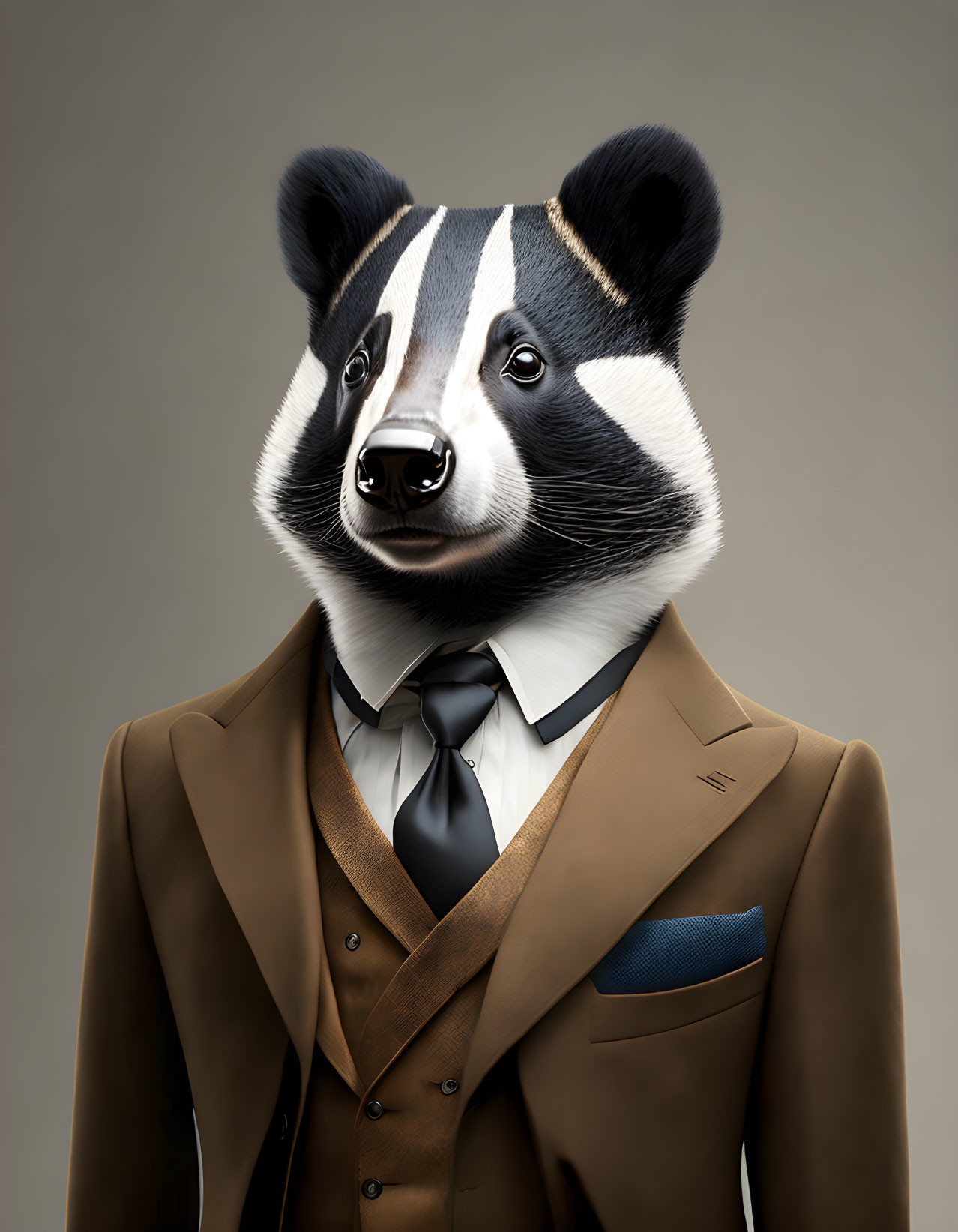 Anthropomorphic badger in tailored brown suit with tie and pocket square