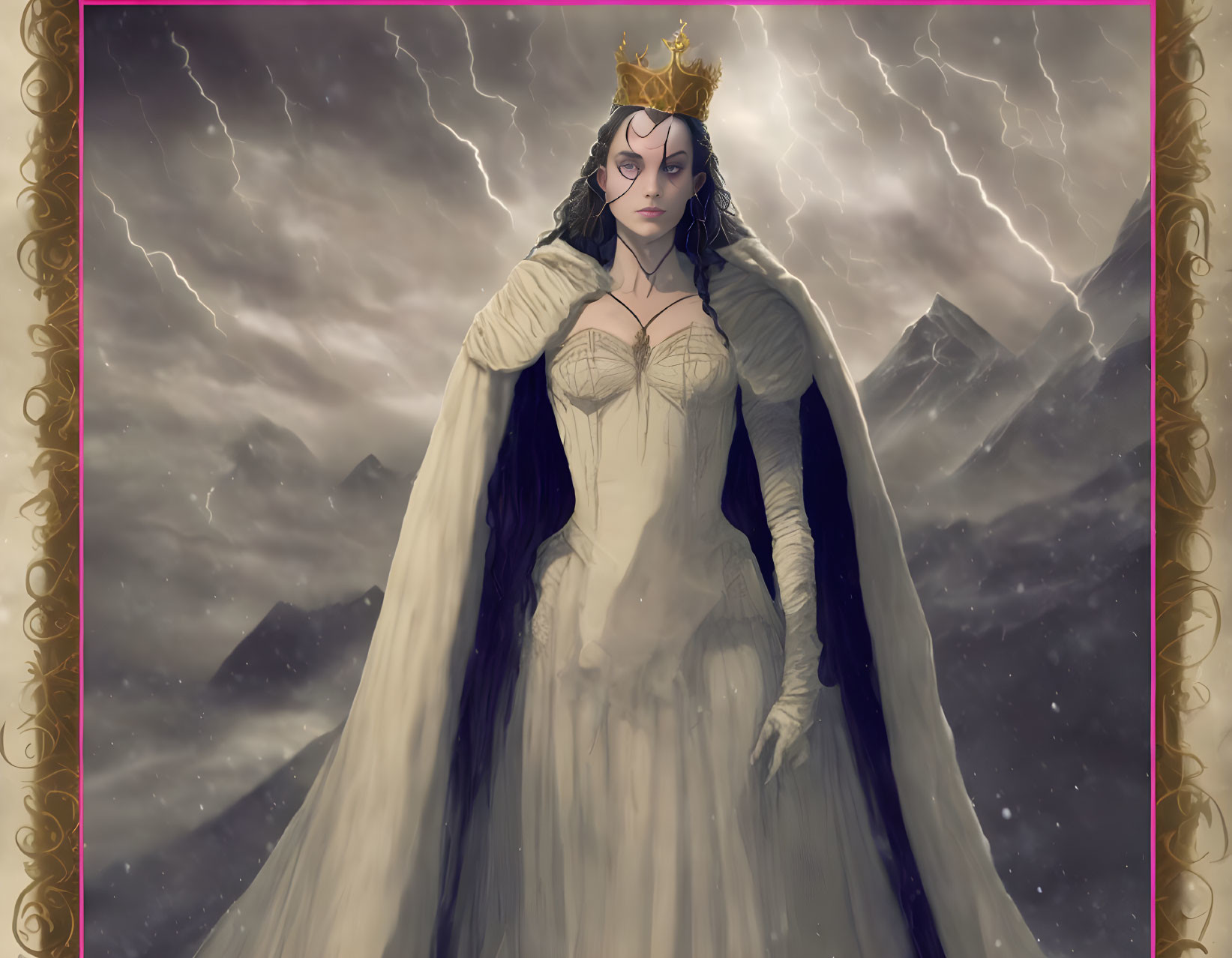 Regal figure in crown against stormy skies with lightning bolts