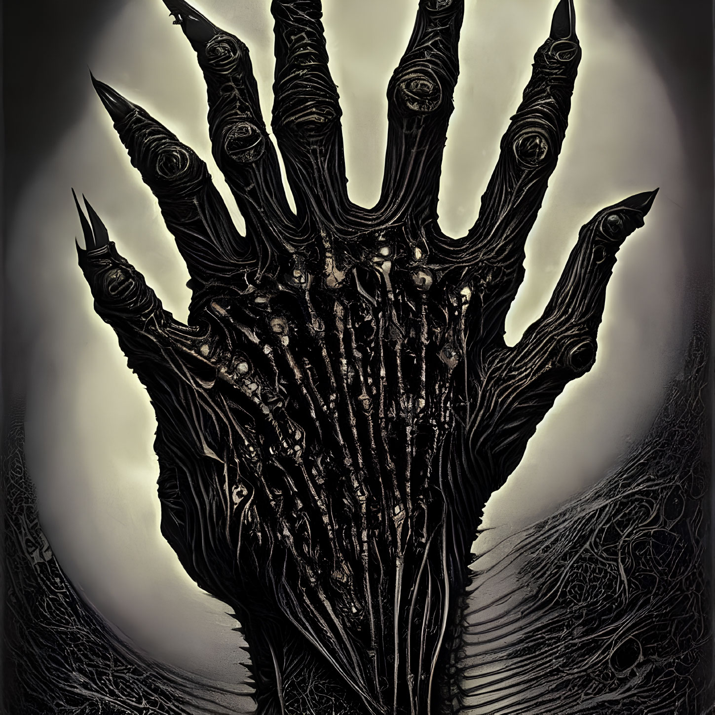 Gothic black hand with claw-like fingers on ominous backdrop