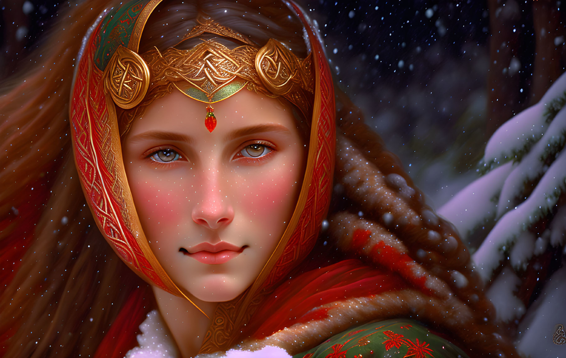 Digital artwork: Woman with blue eyes, red cheeks, ornate headgear, shawl, snowy