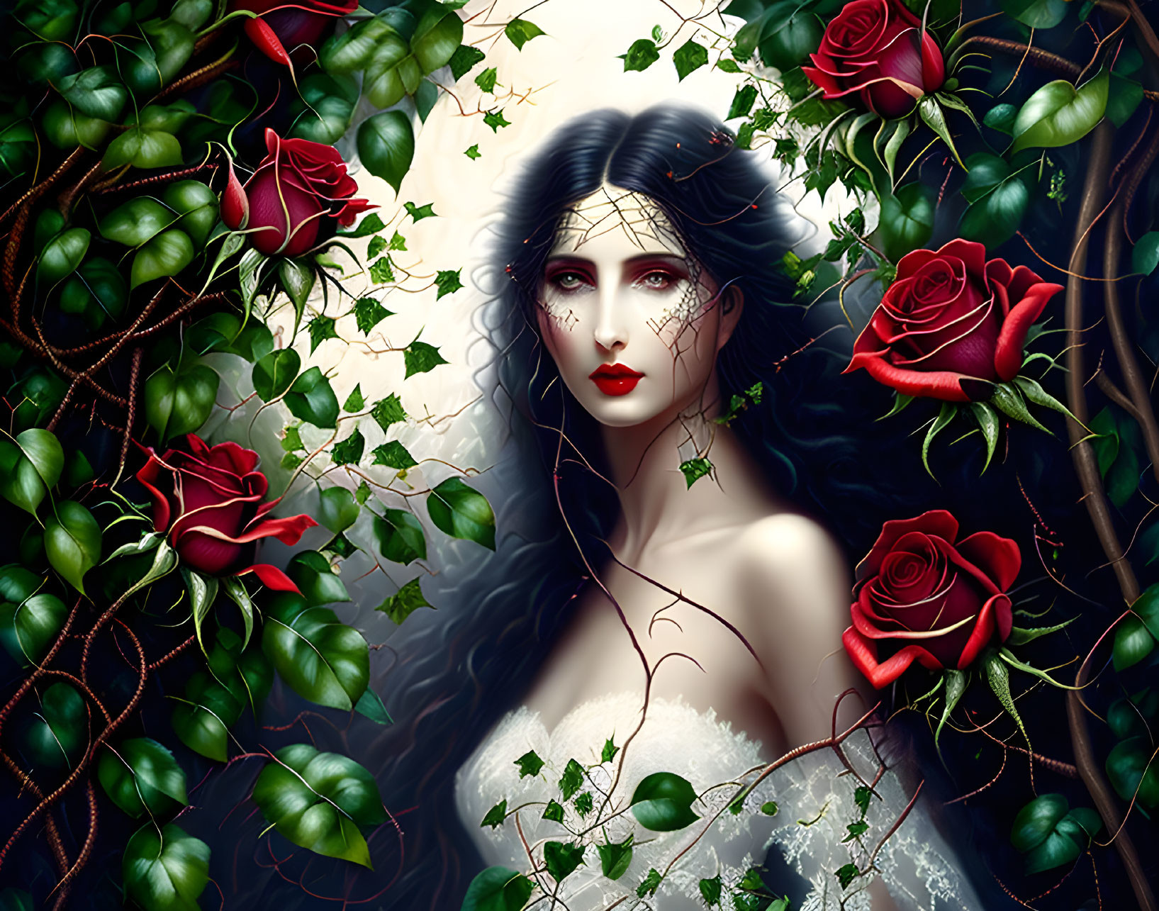 Digital artwork of a woman with pale skin, dark hair, and red lips surrounded by lush greenery