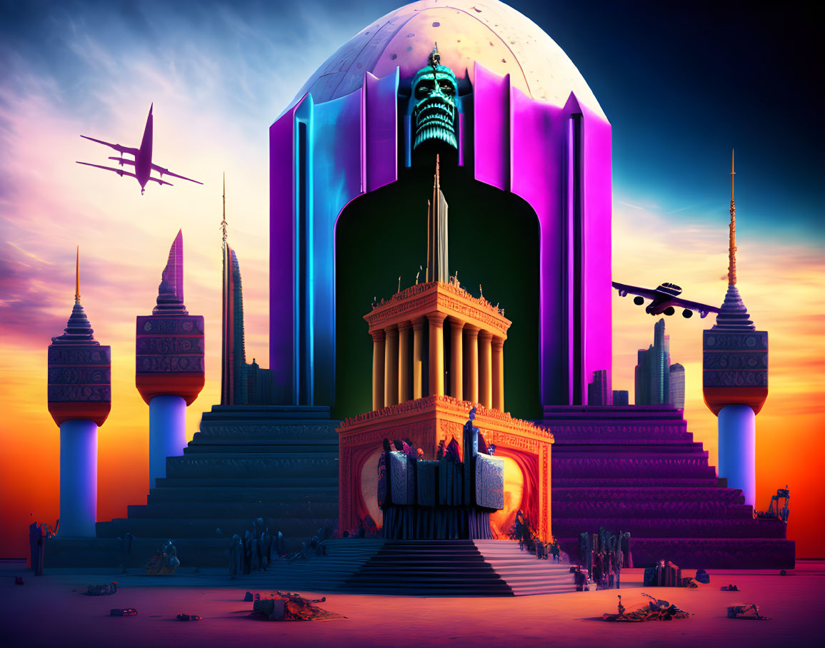 Neon-lit futuristic cityscape at dusk with ancient temple structures