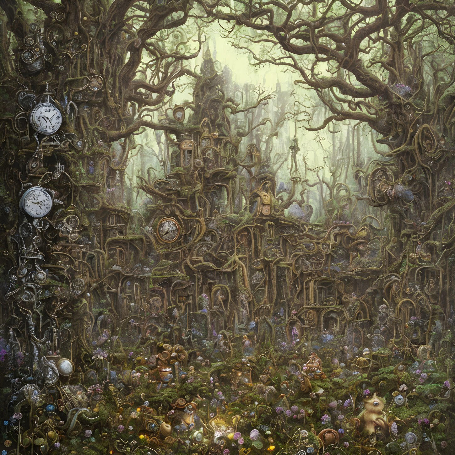 Fantastical forest with twisted trees, clocks, and mysterious doorways