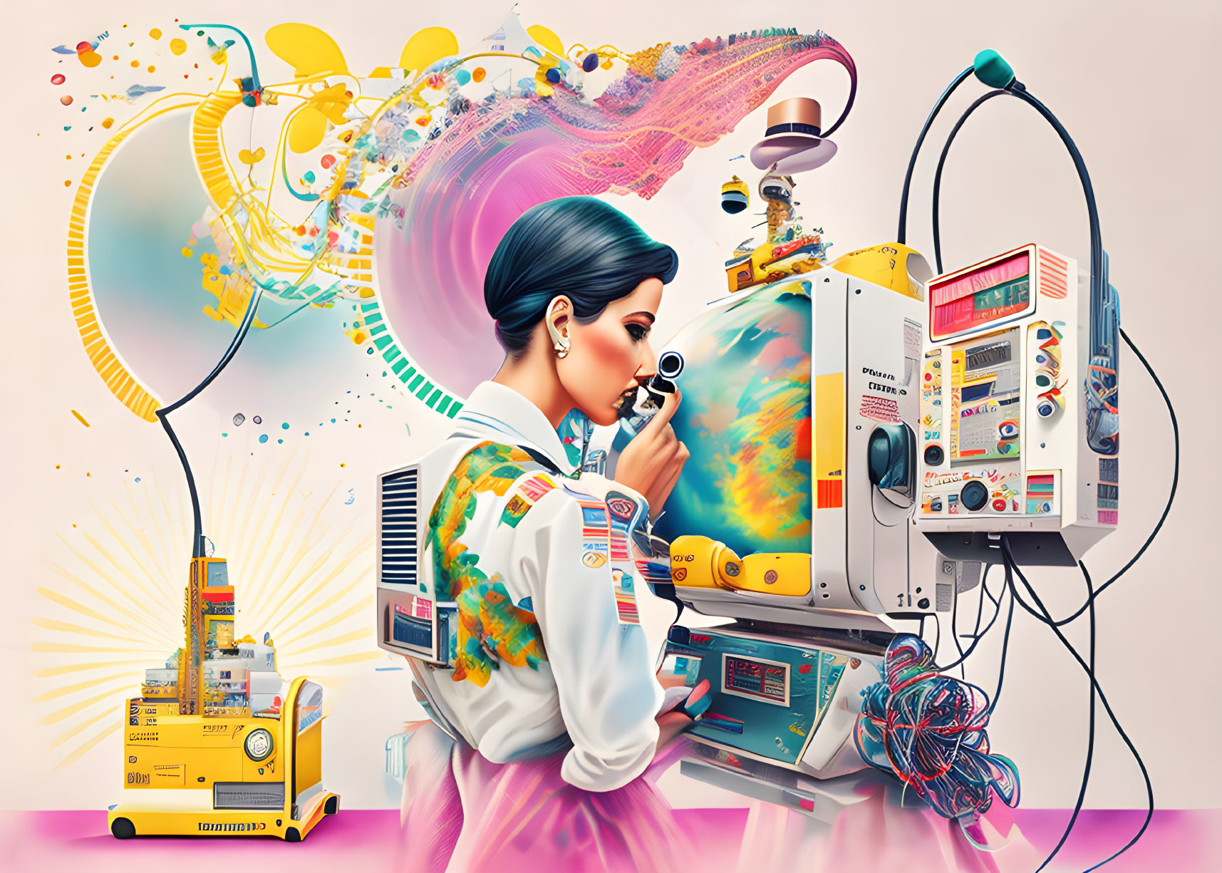 Colorful illustration: Woman in lab coat with abstract machinery and musical elements