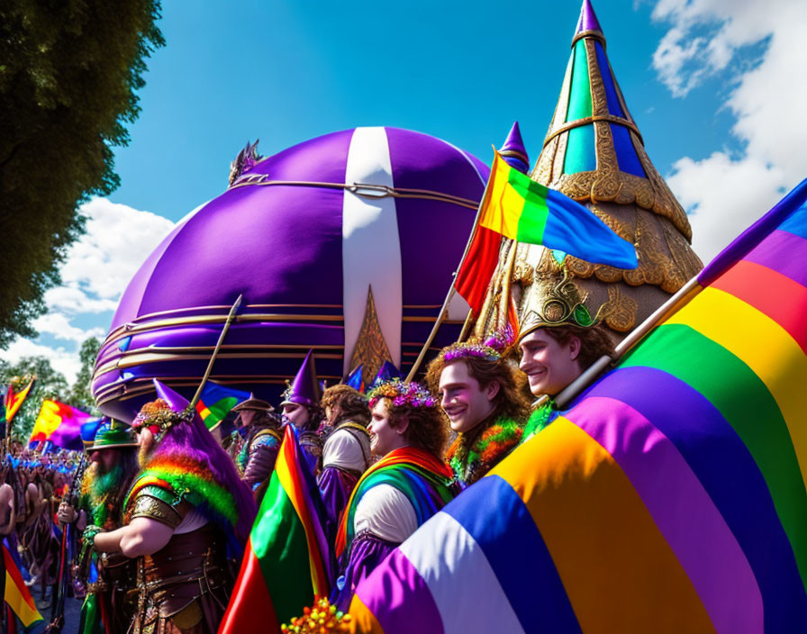 Colorful Costumes and Rainbow Flags at Festive Outdoor Parade