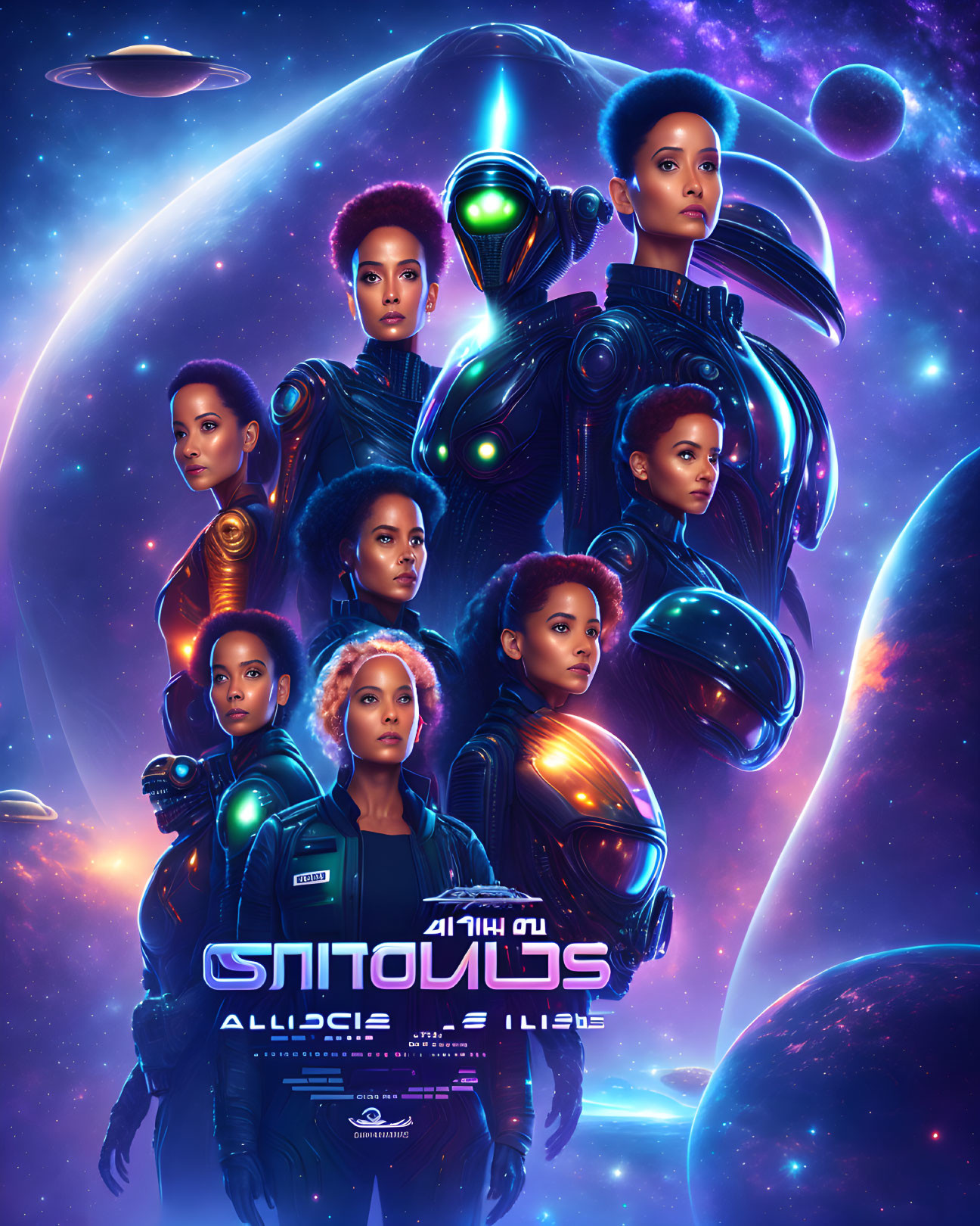 Futuristic space-themed poster with female characters in armor