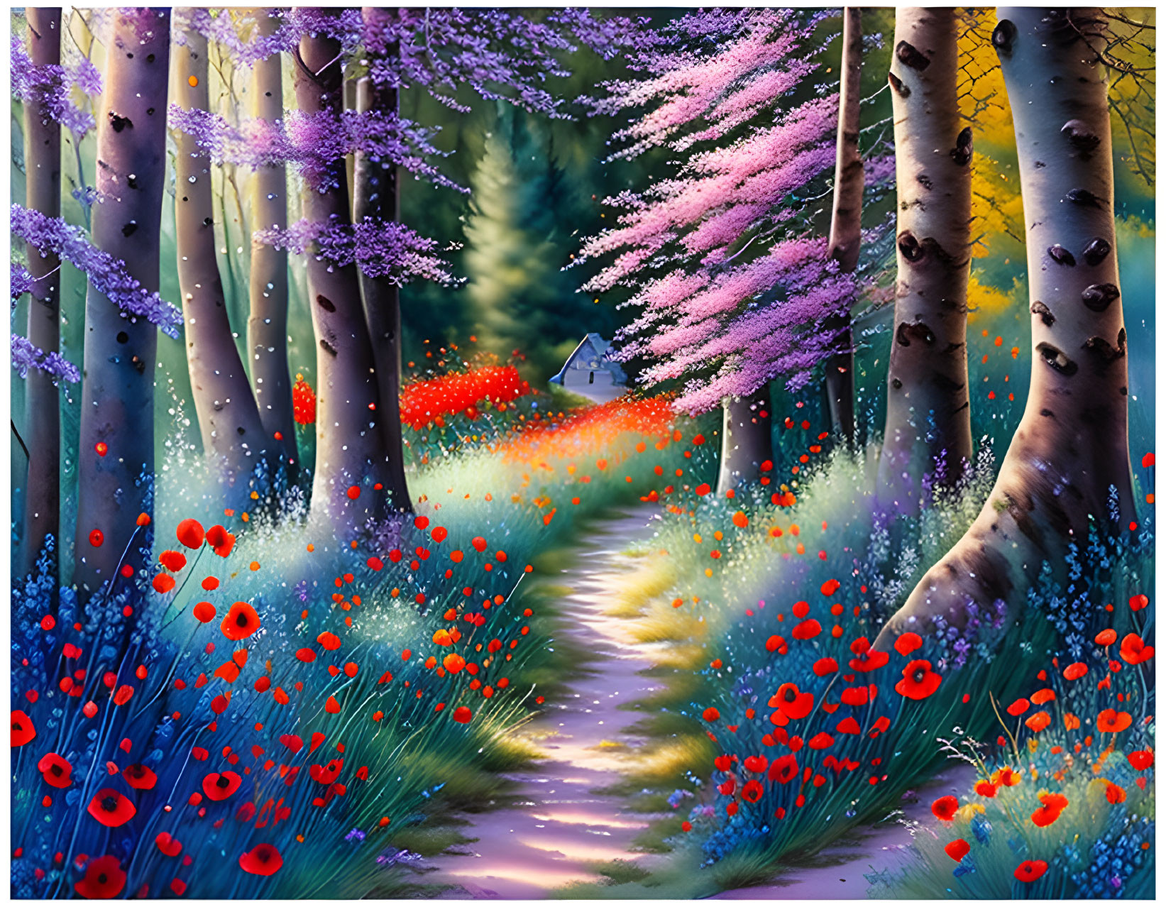 Colorful forest path with red poppies and purple flowers leading to cottage