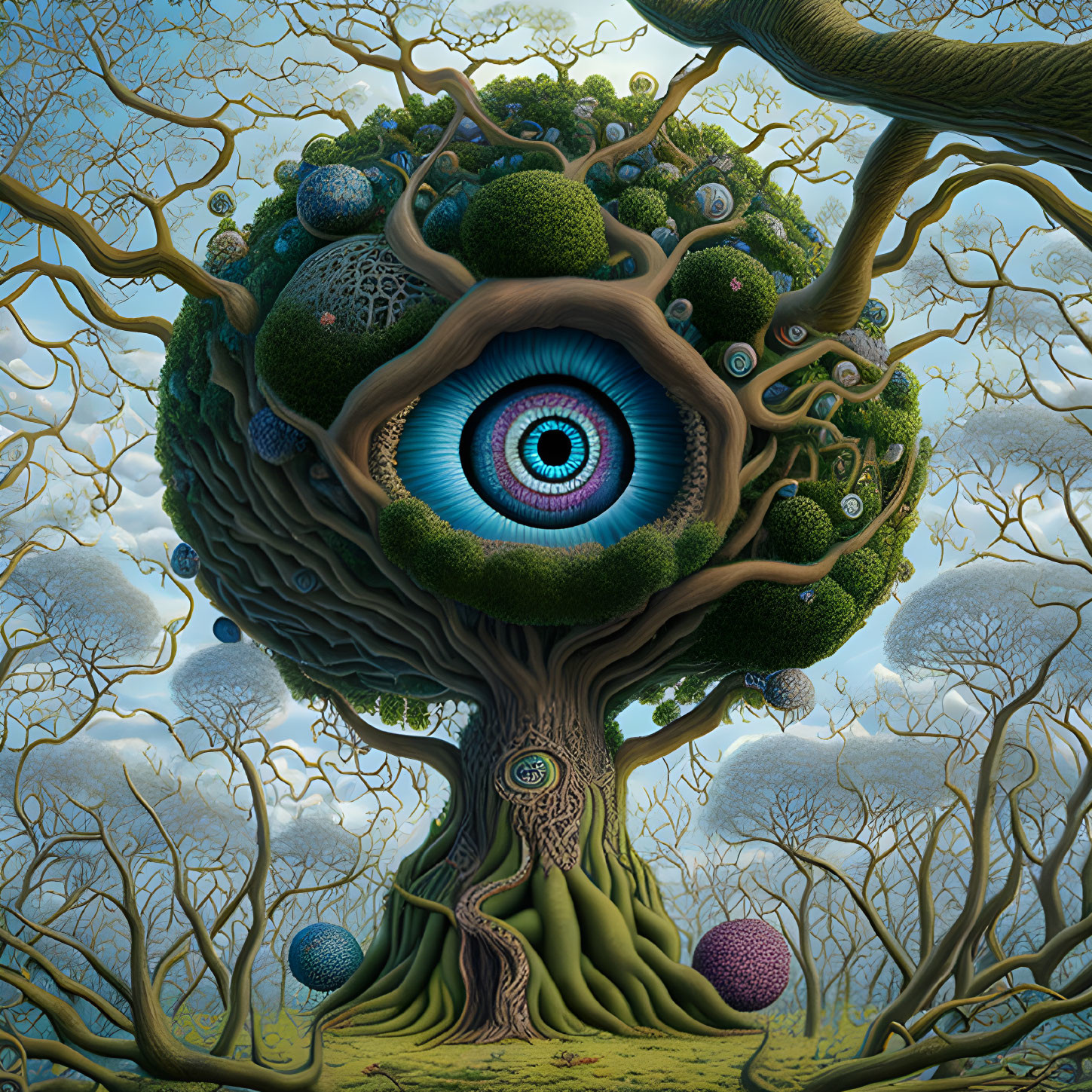 Surreal image of tree with vivid blue eye and intricate branches