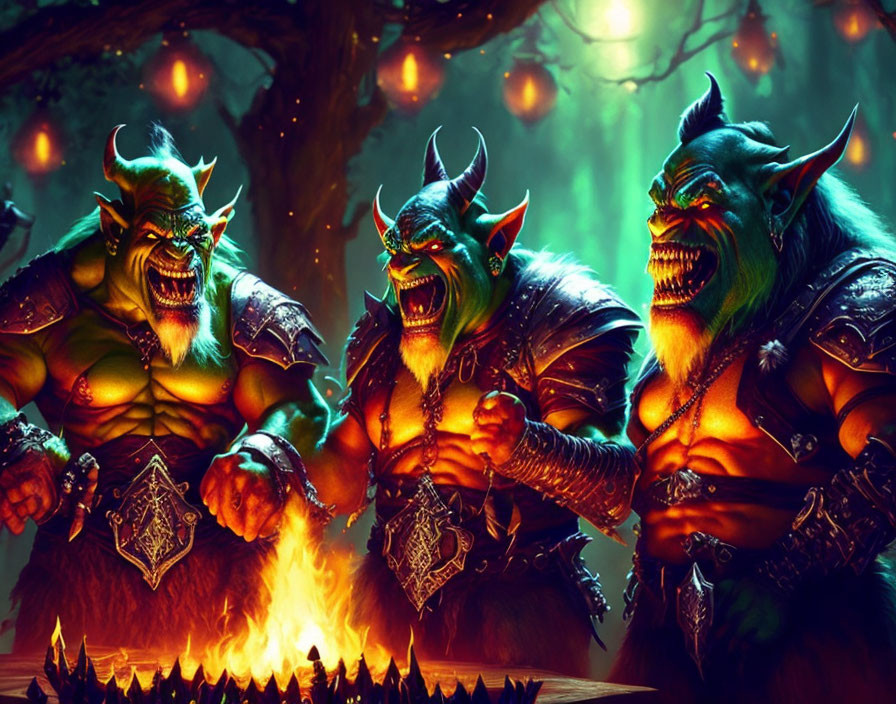 Green-skinned orc characters in armor by a fire with menacing expressions