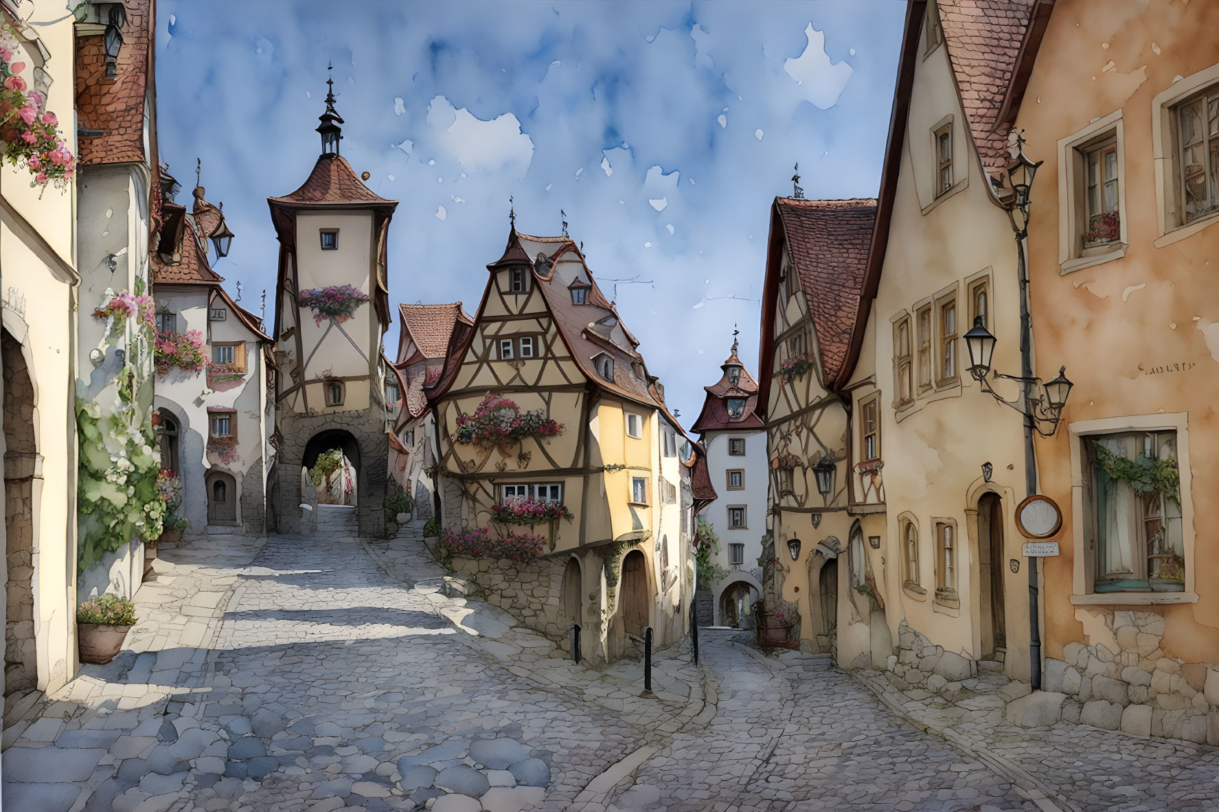 Charming cobblestone street with half-timbered houses and flowers