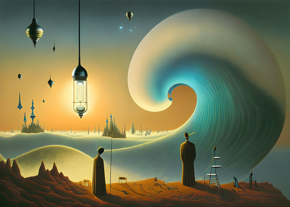 Surreal landscape with wave-like sky, floating lanterns, figures, and whimsical castle