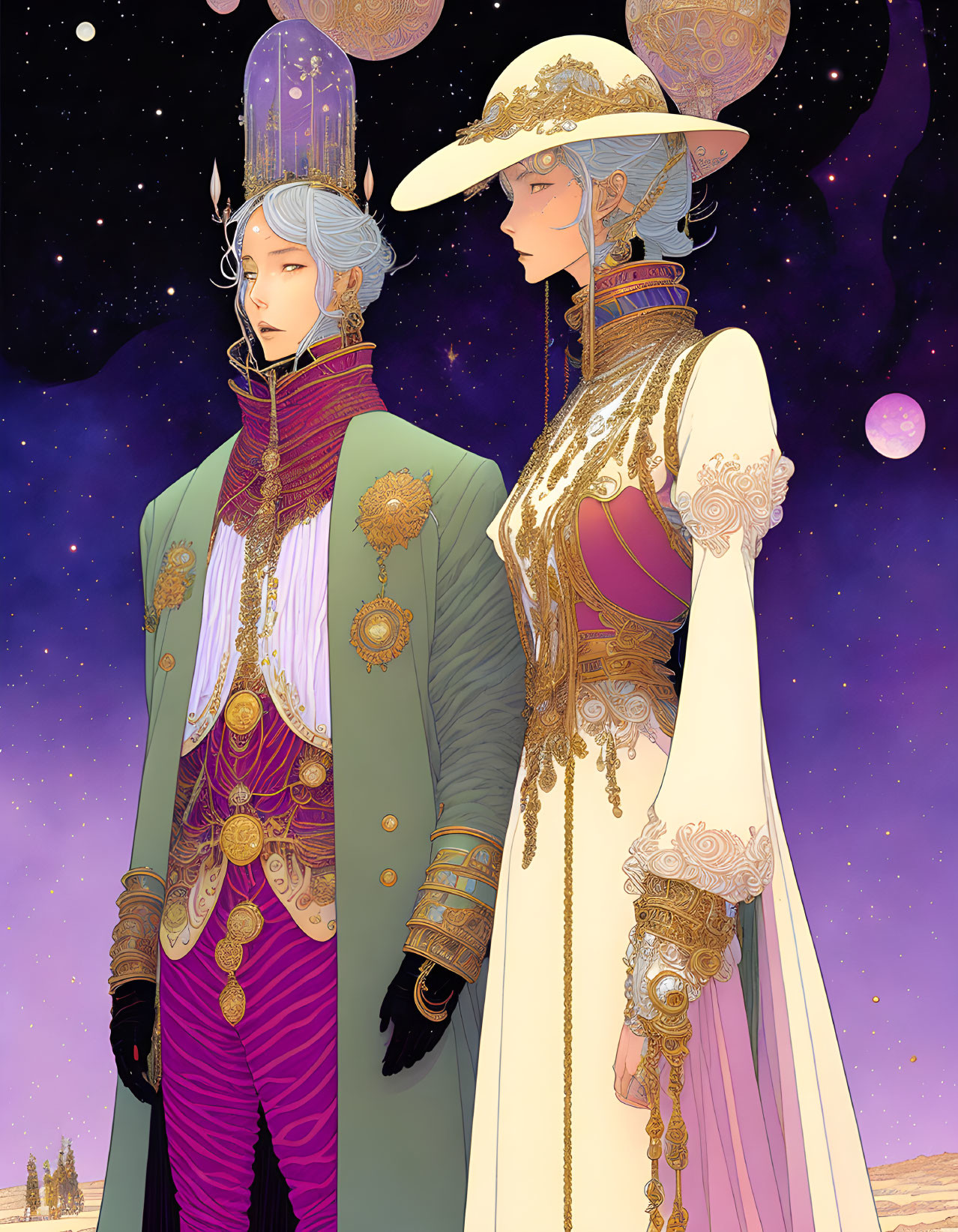 Regal figures in celestial fantasy attire under starry sky