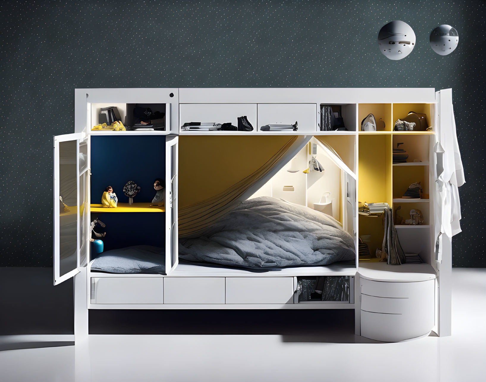 Compact loft bed with desk, storage, and ambient lighting on starry backdrop