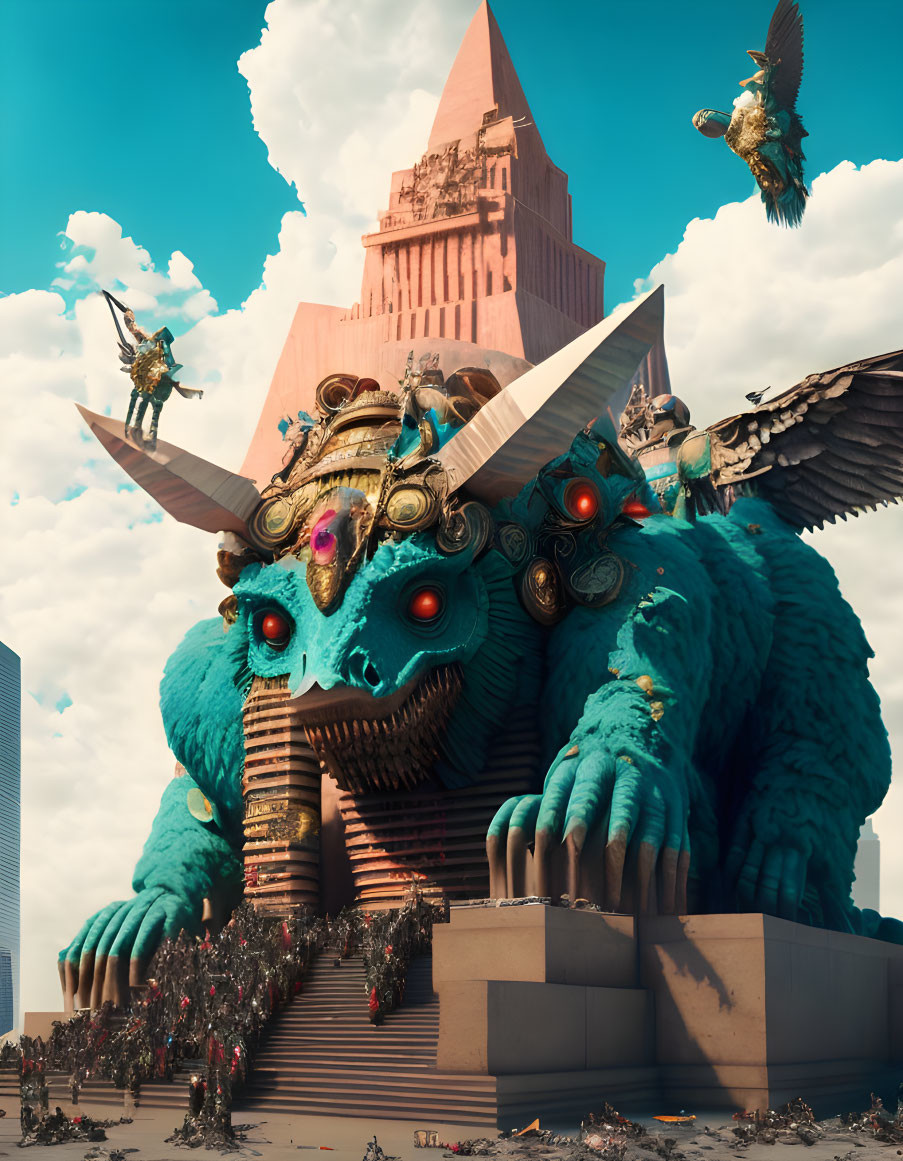 Turquoise creature with multiple eyes by pyramid and winged beings in cloudy sky