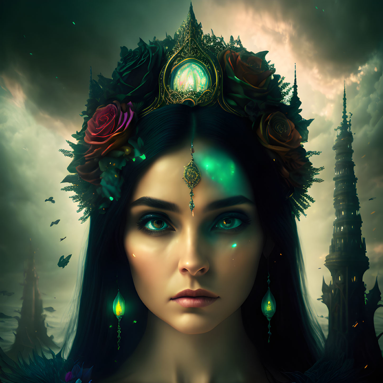 Mystical Woman with Green Eyes, Crown, Roses, and Towers