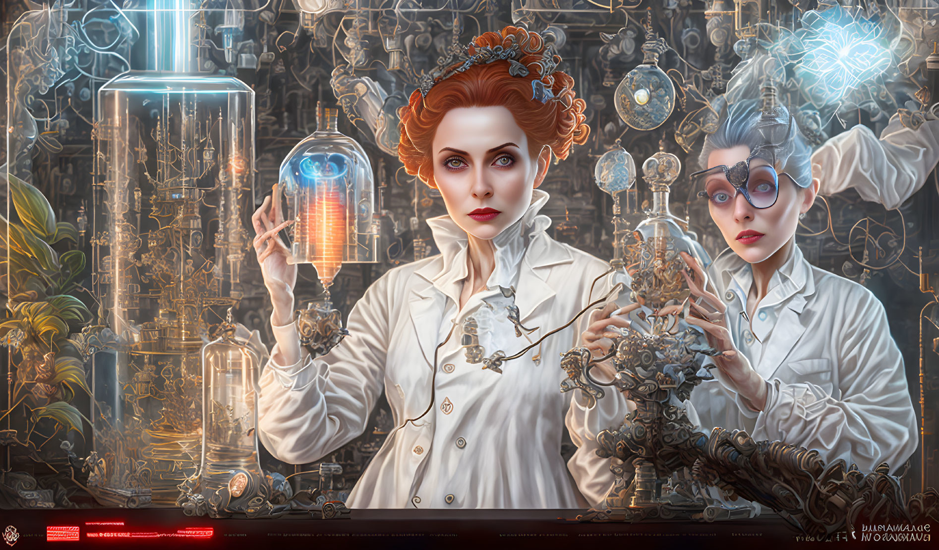 Steampunk laboratory scene with two women and mechanical devices