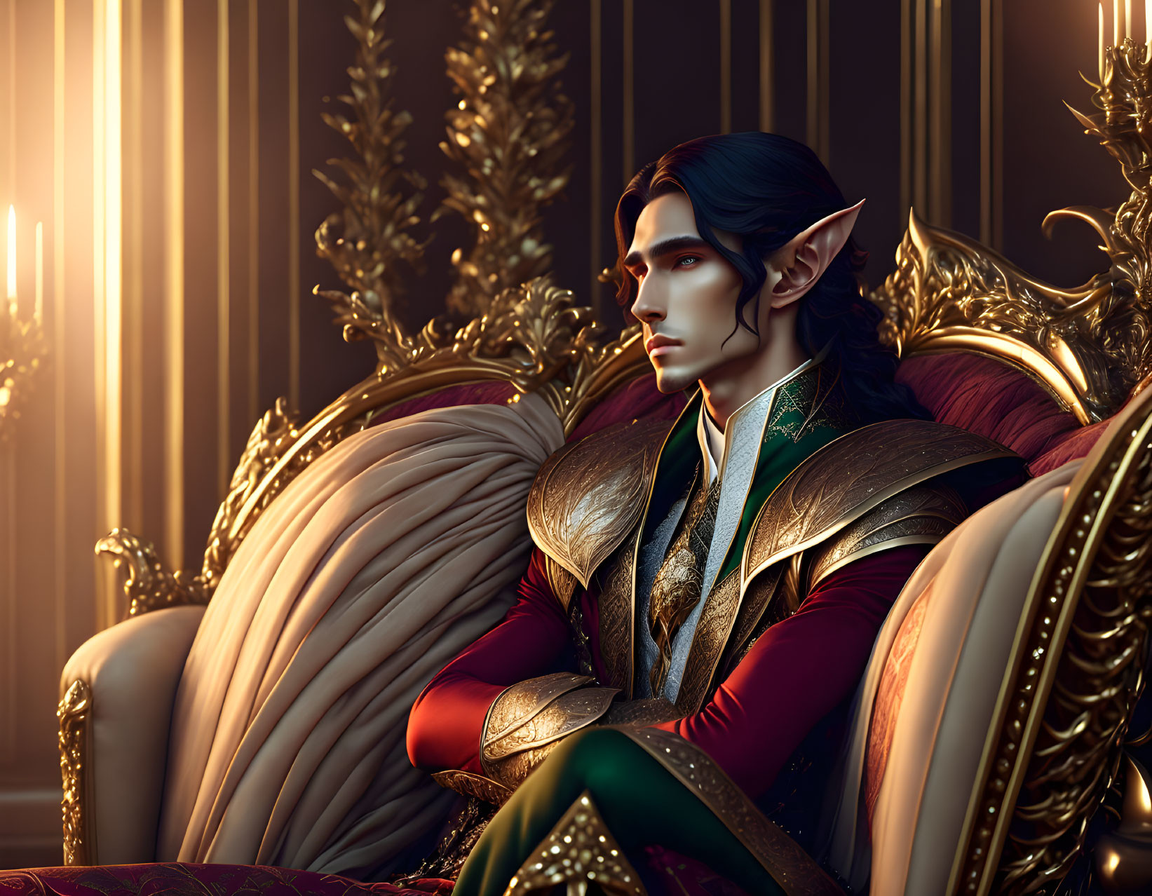 Elf in green and red attire on golden throne in warm light